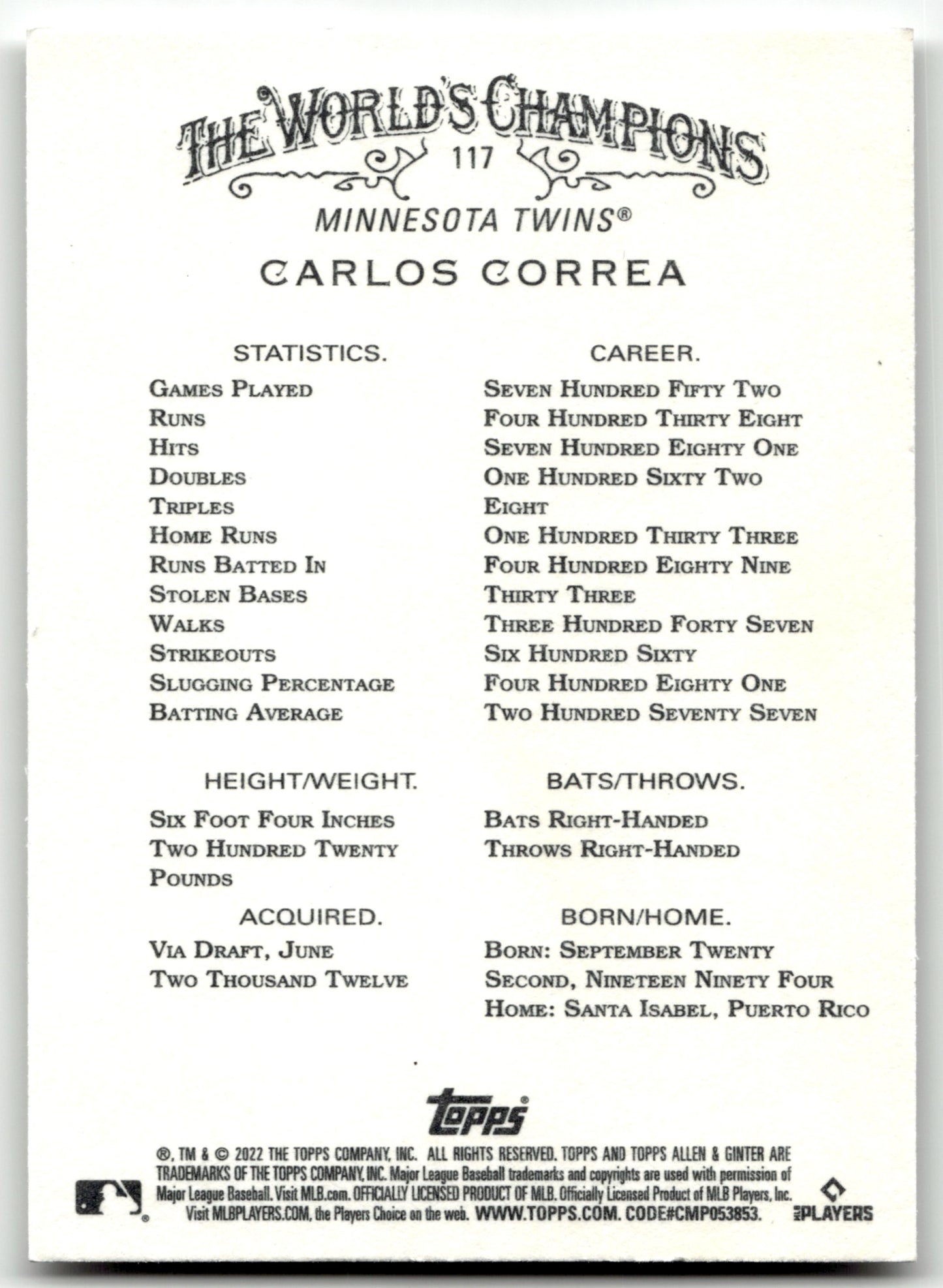 Carlos Correa - #117 - 2022 Topps Allen & Ginter - Topps