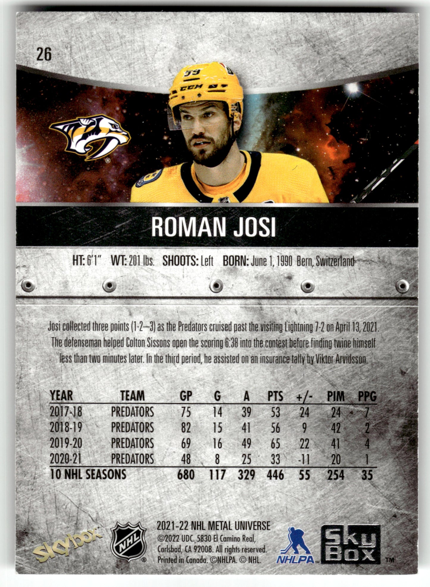 Roman Josi - #26 - 2021-22 SkyBox Metal Universe -