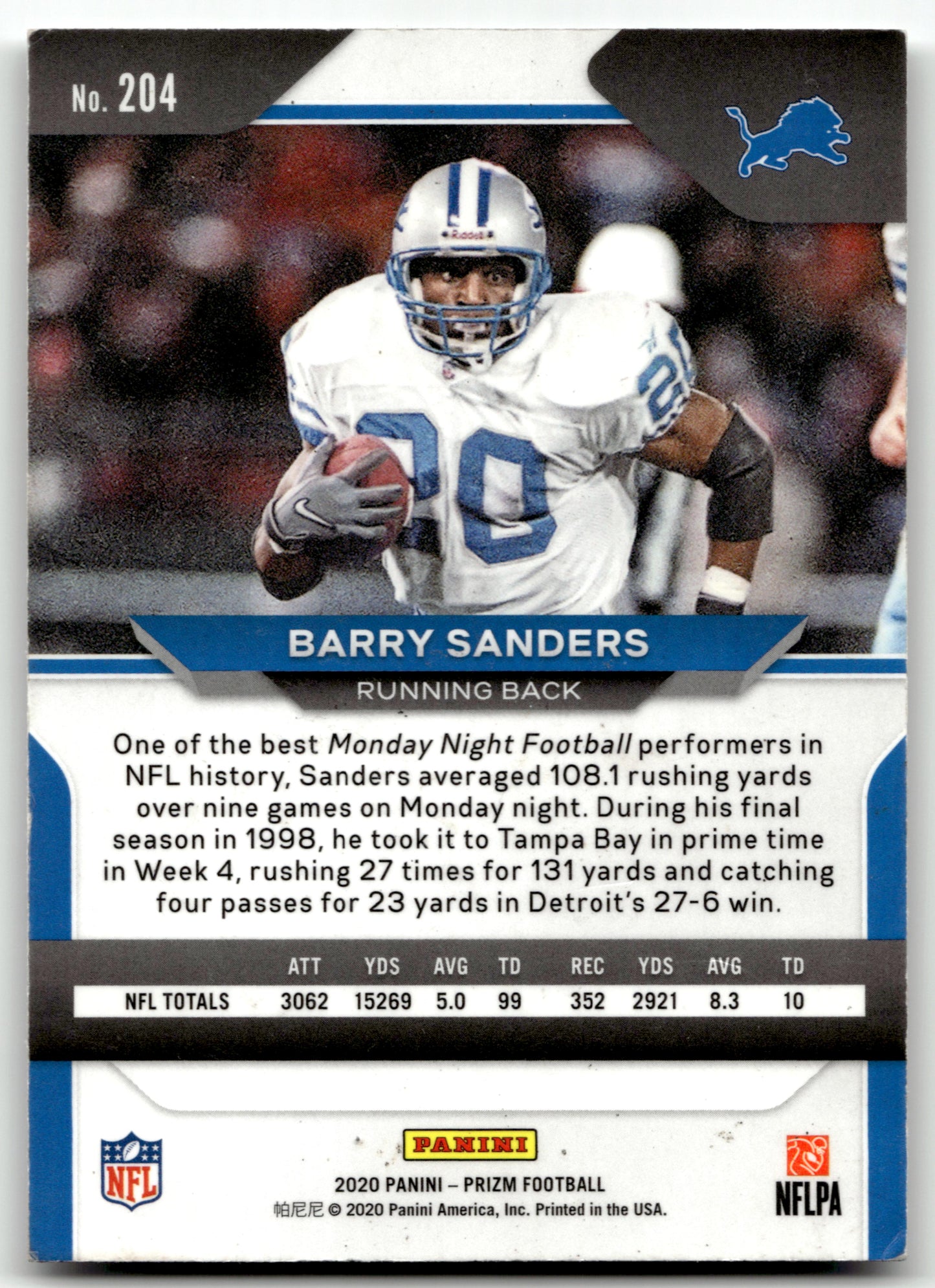 Barry Sanders - #204 - 2020 Panini Prizm - Panini