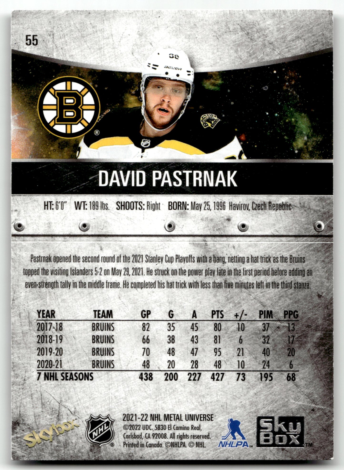 David Pastrnak - #55 - 2021-22 SkyBox Metal Universe -