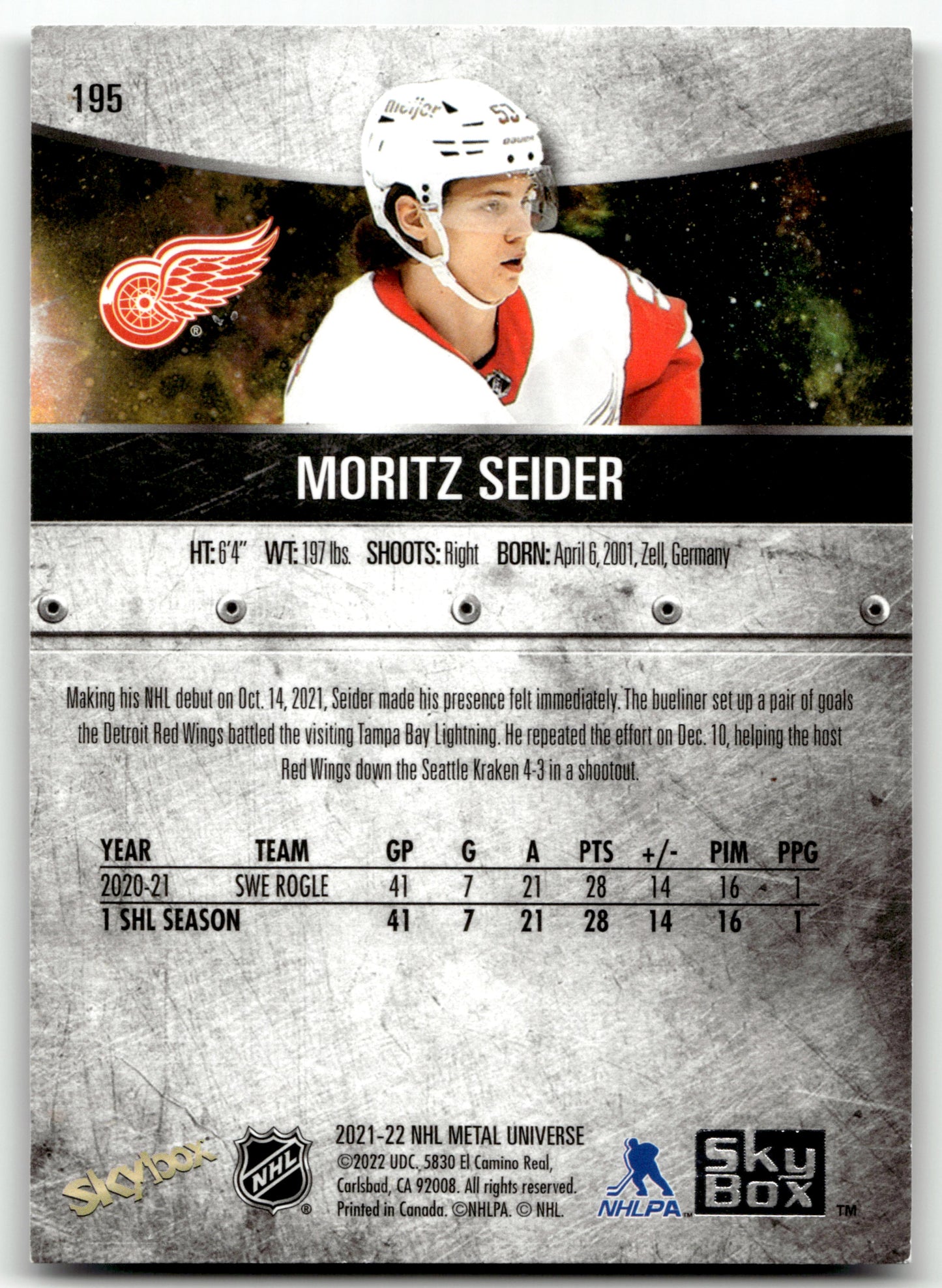 Moritz Seider - #195 - 2021-22 SkyBox Metal Universe -