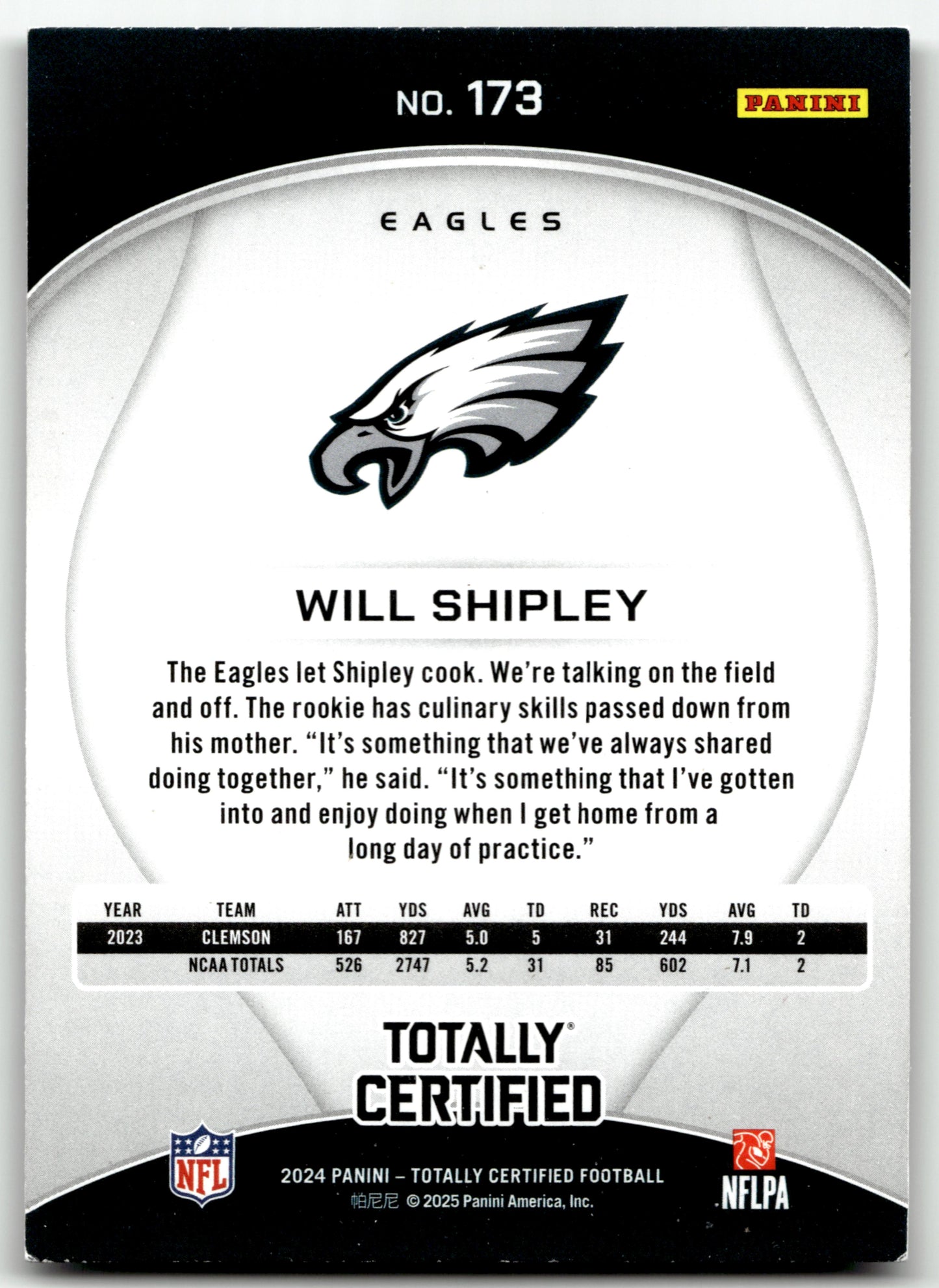 Will Shipley - #173 - 2024 Panini Totally Certified - Panini