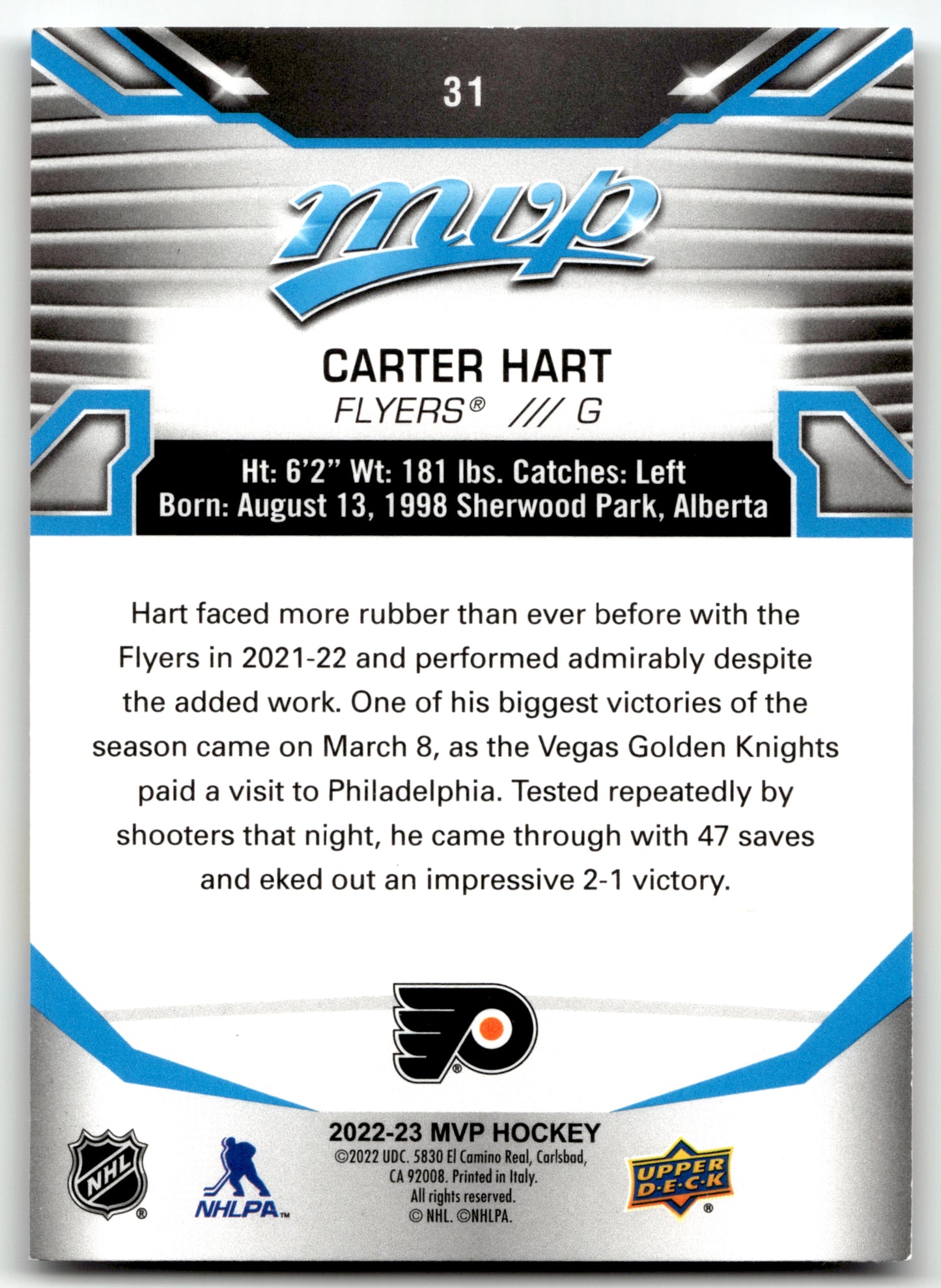 Carter Hart - #31 - 2022-23 Upper Deck MVP - Upper Deck