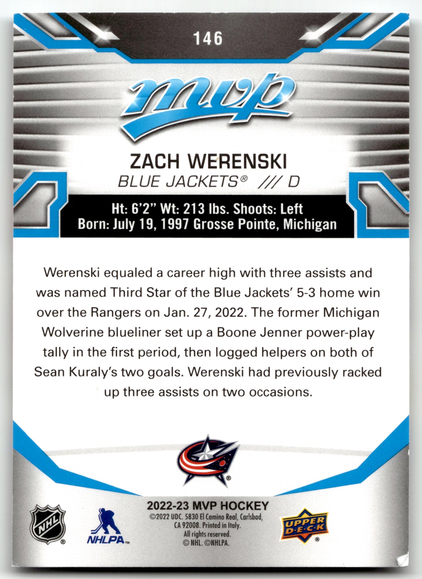 Zach Werenski - #146 - 2022-23 Upper Deck MVP - Upper Deck