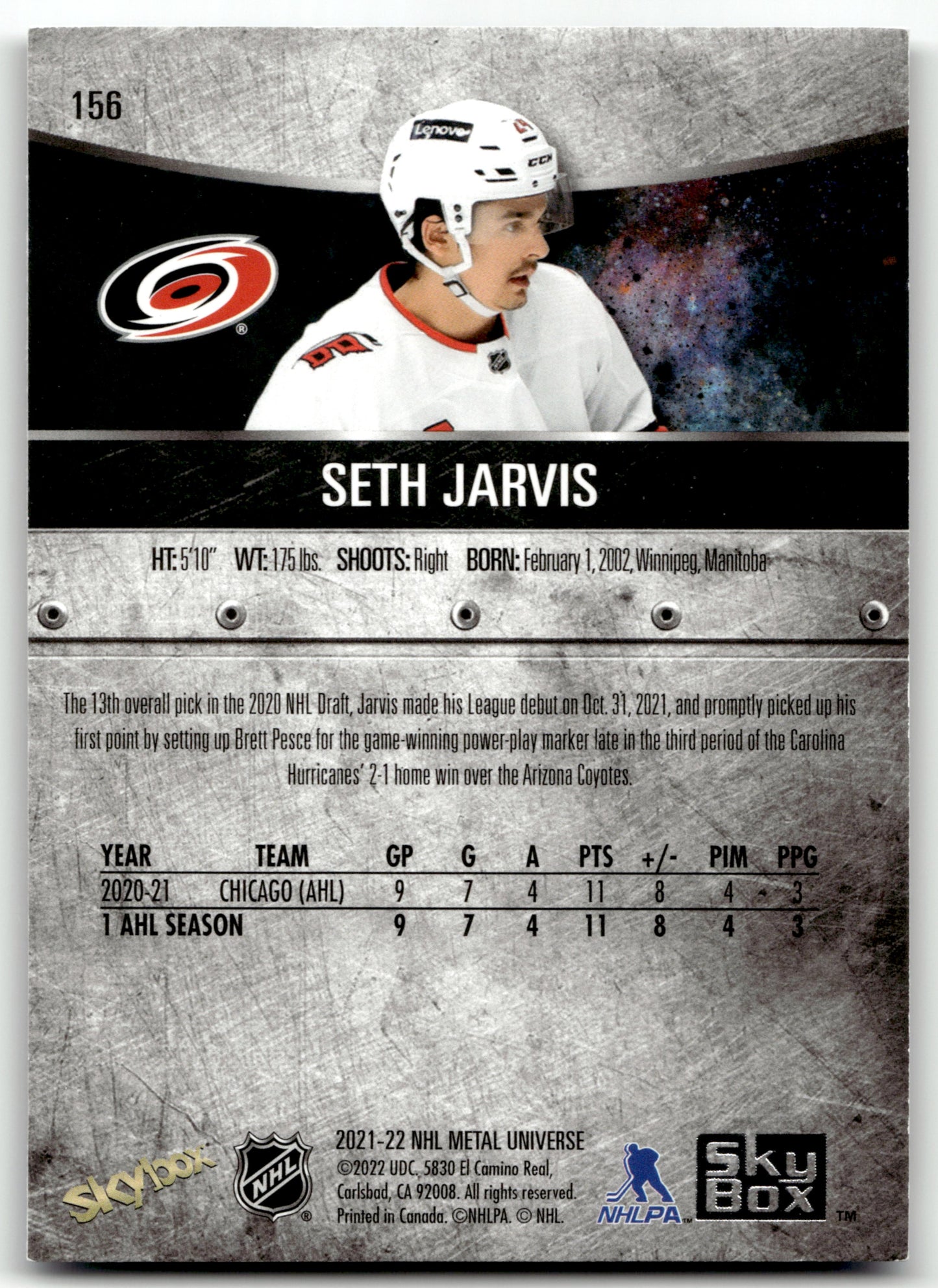 Seth Jarvis - #156 - 2021-22 SkyBox Metal Universe -