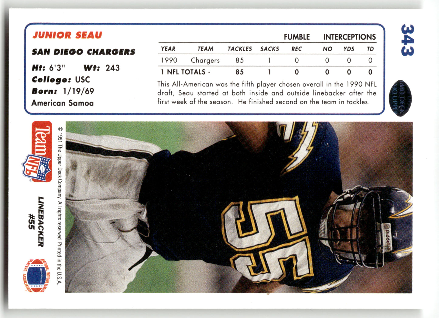 Junior Seau - #343c - 1991 Upper Deck - Upper Deck