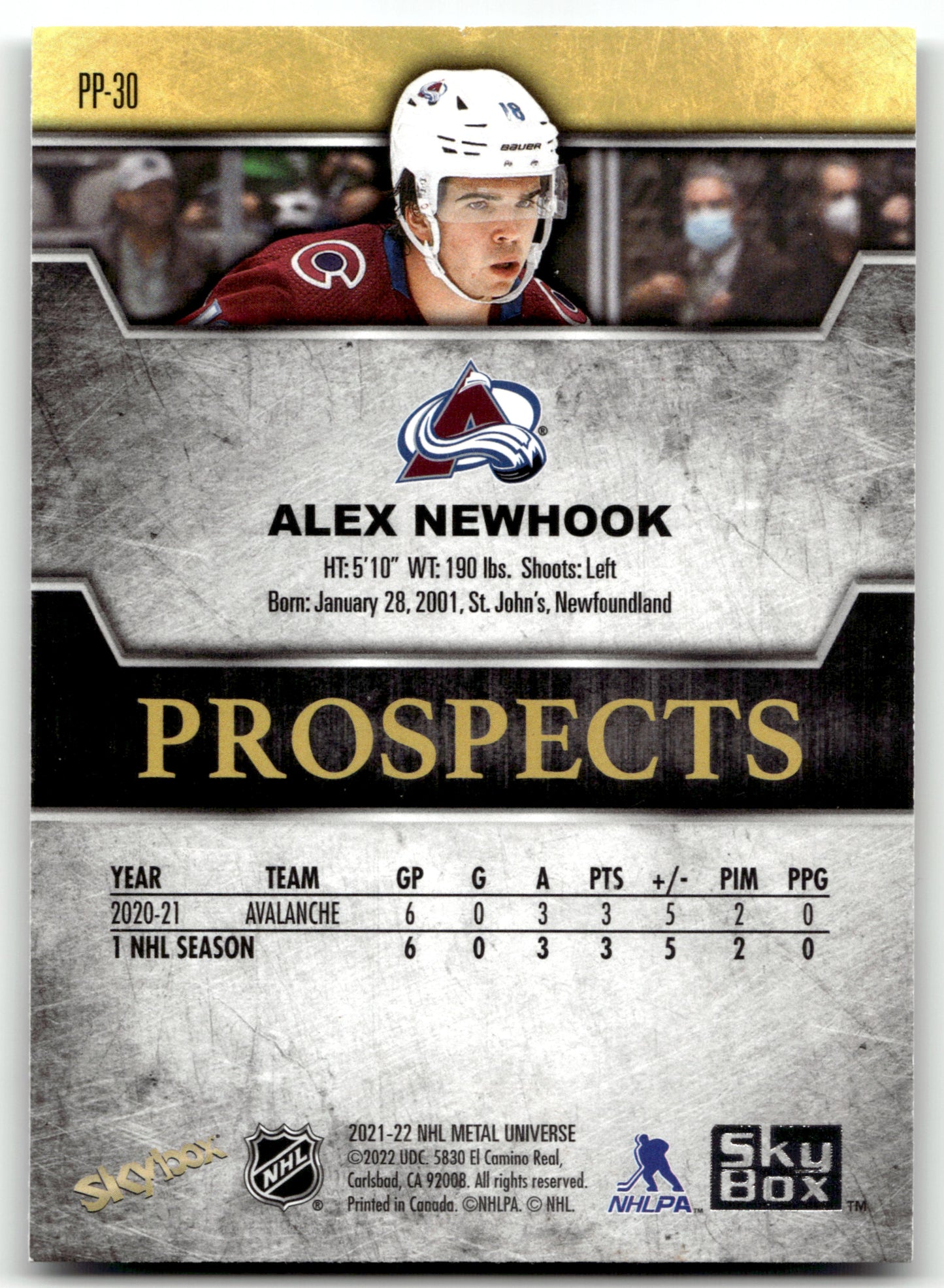 Alex Newhook - #PP-30 - 2021-22 SkyBox Metal Universe -