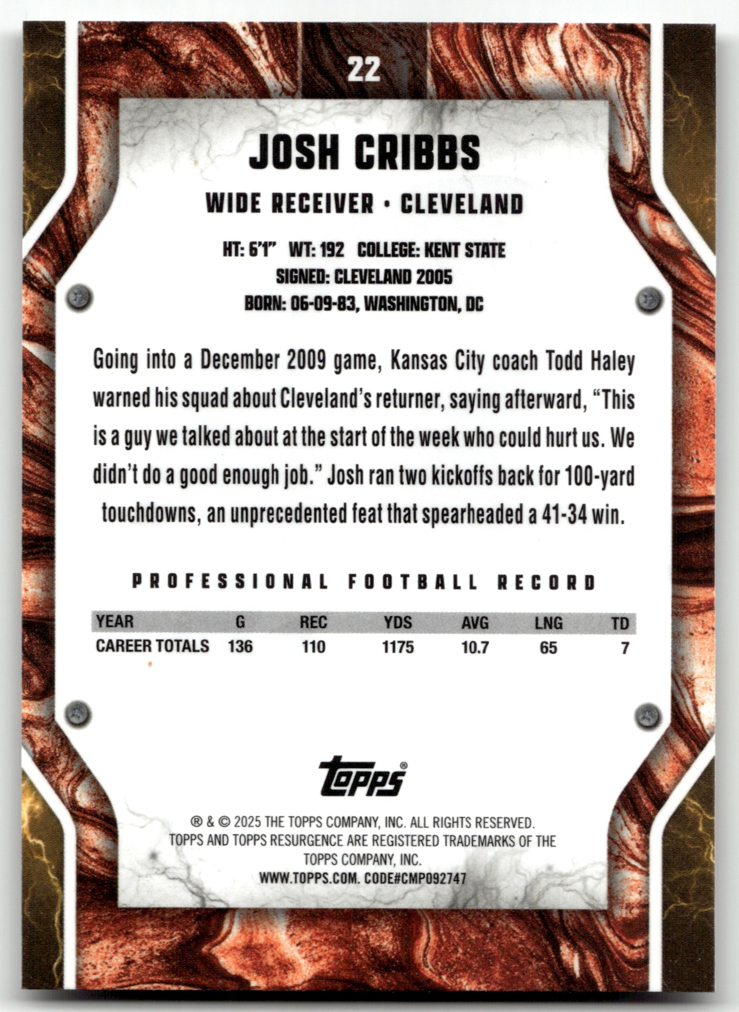Josh Cribbs - #22 - 2024 Topps Resurgence - Topps