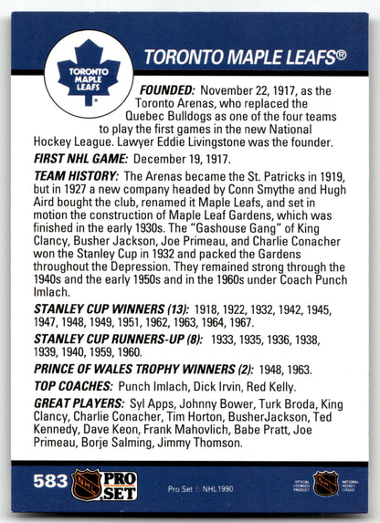 Toronto Maple Leafs Logo - #583 - 1990-91 Pro Set -