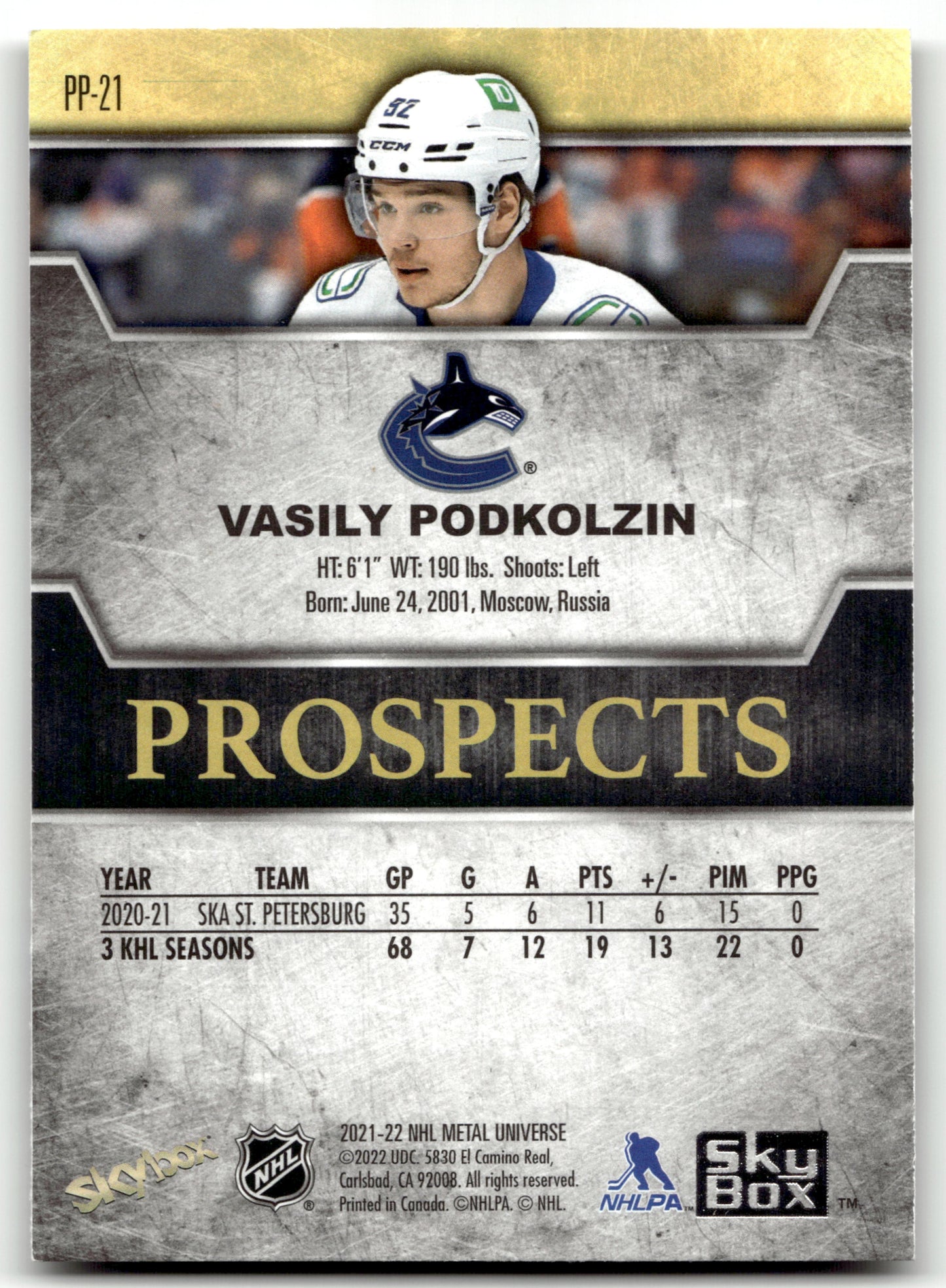Vasily Podkolzin - #PP-21 - 2021-22 SkyBox Metal Universe -