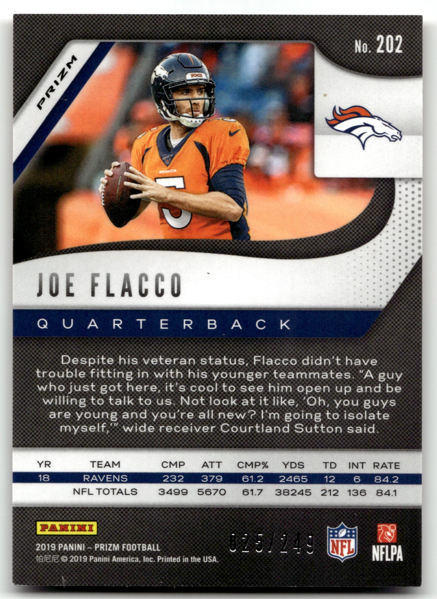 Joe Flacco - #202 - 2019 Panini Prizm - Panini