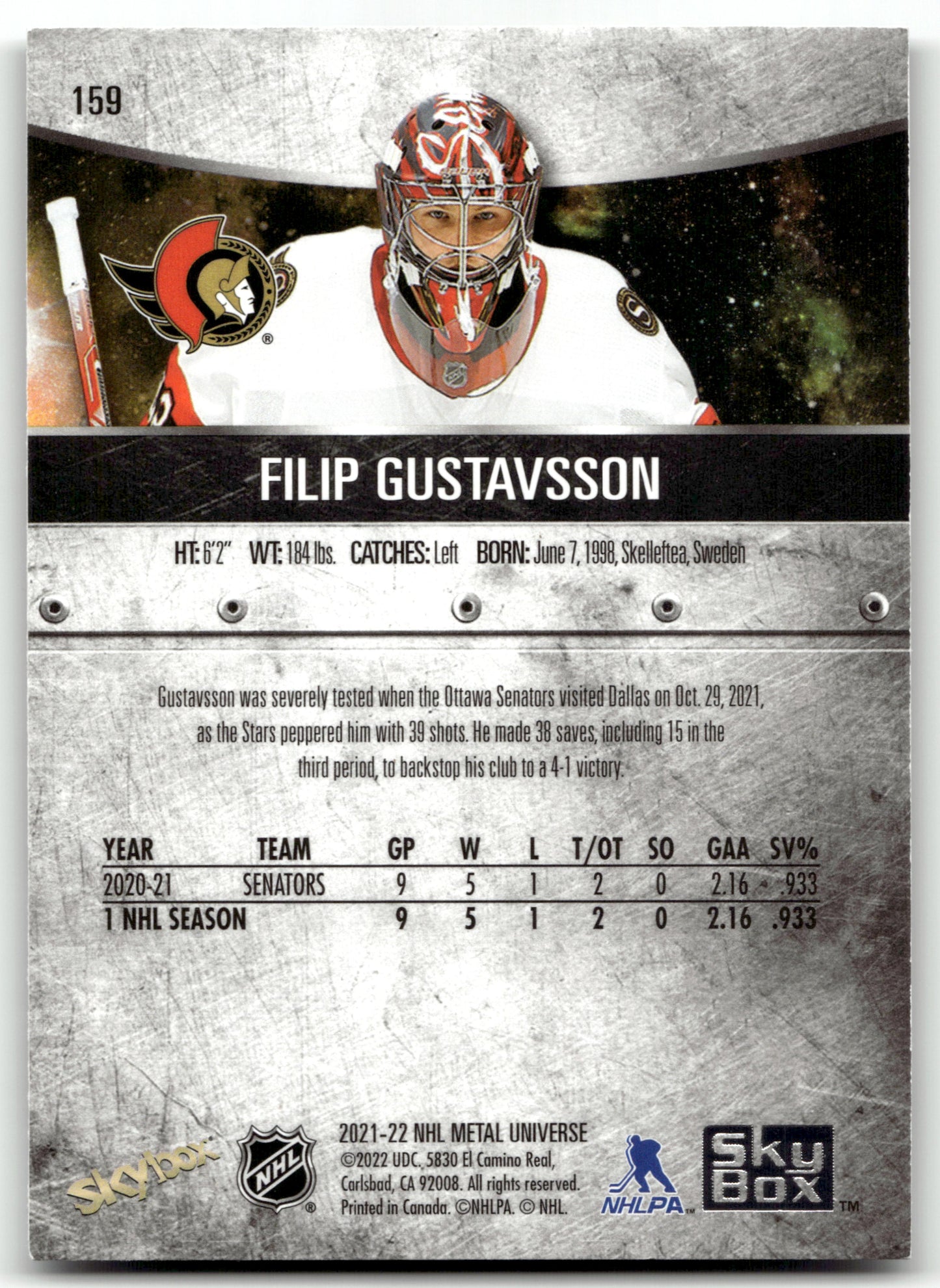 Filip Gustavsson - #159 - 2021-22 SkyBox Metal Universe -