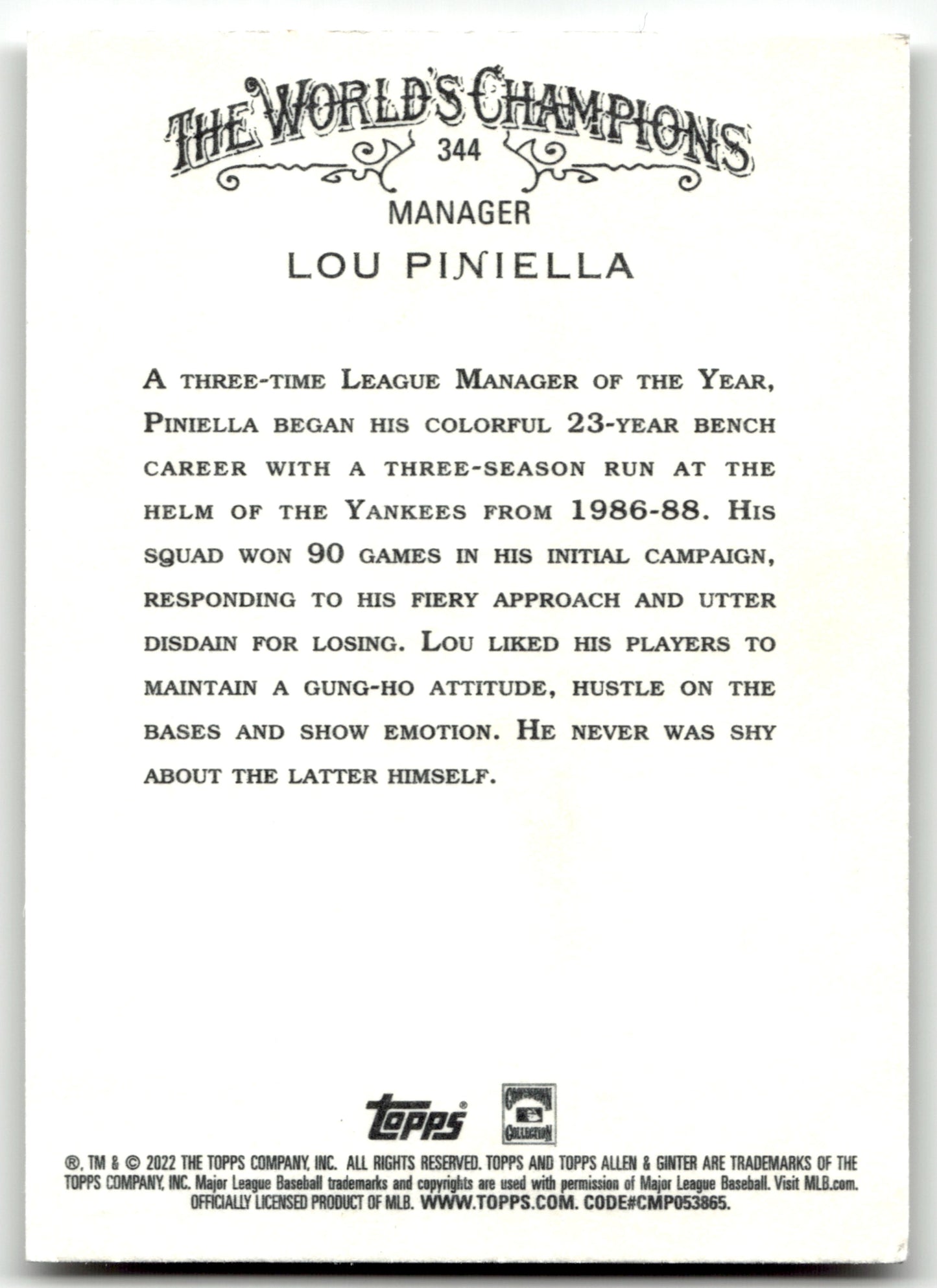 Lou Piniella - #344 - 2022 Topps Allen & Ginter - Topps