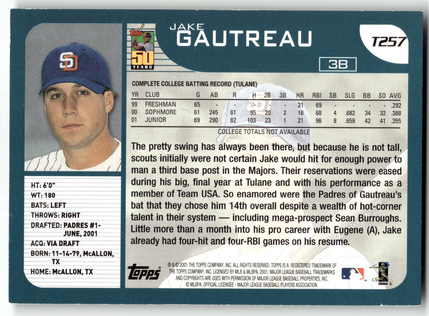 Jake Gautreau - #T257 - 2001 Topps Traded & Rookies - Topps