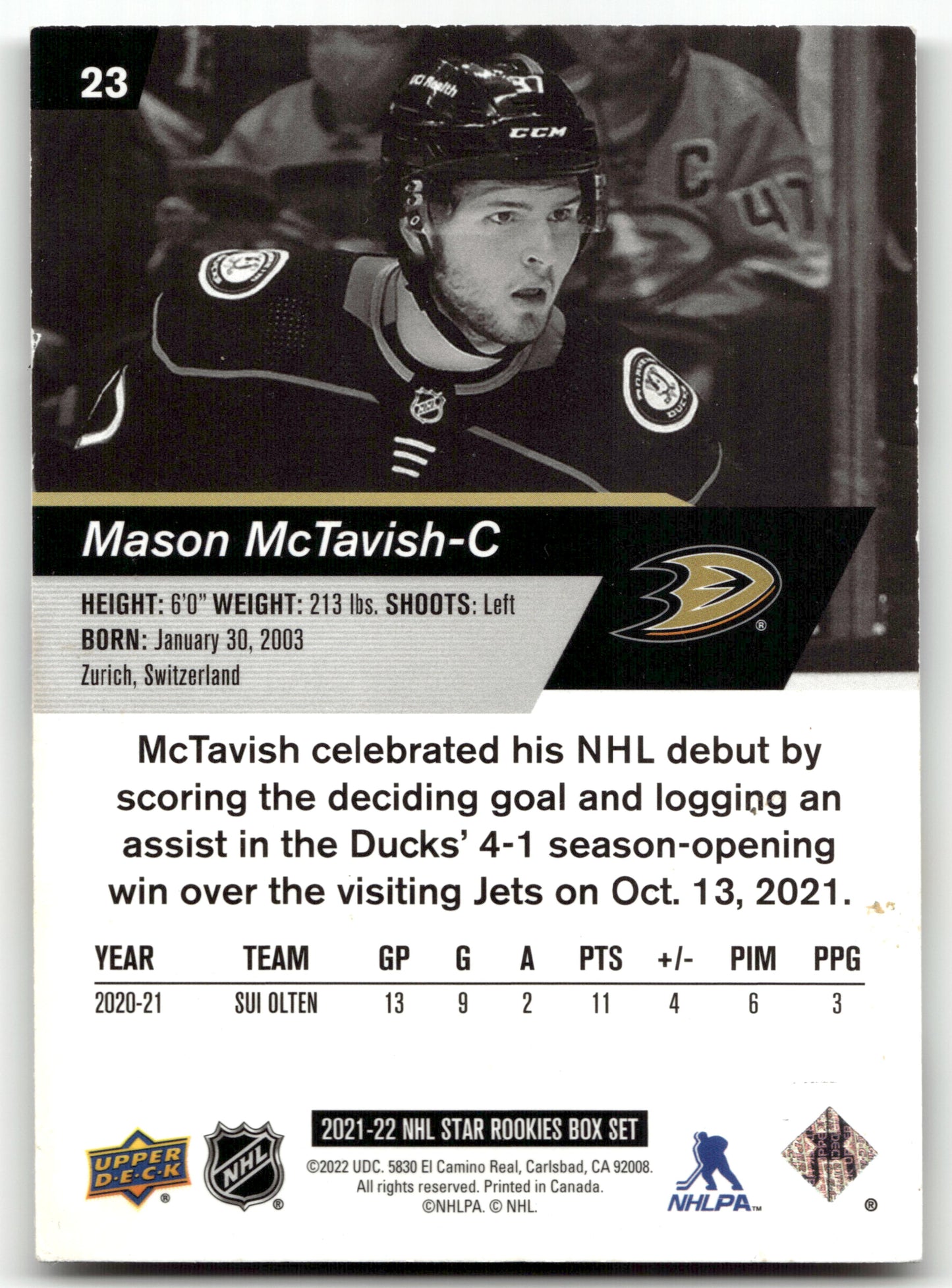 Mason McTavish - #23 - 2021-22 Upper Deck NHL Star Rookies Box Set -