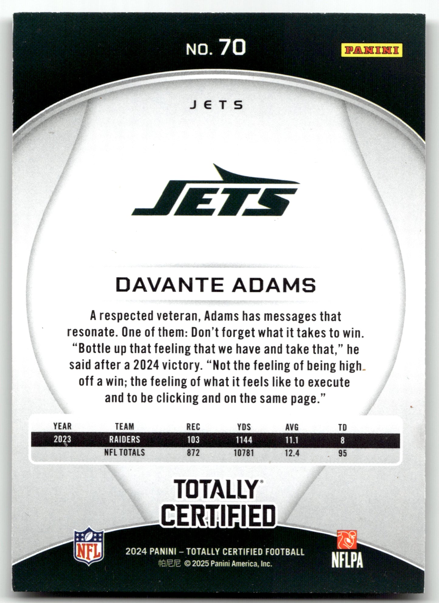 Davante Adams - #70 - 2024 Panini Totally Certified - Panini