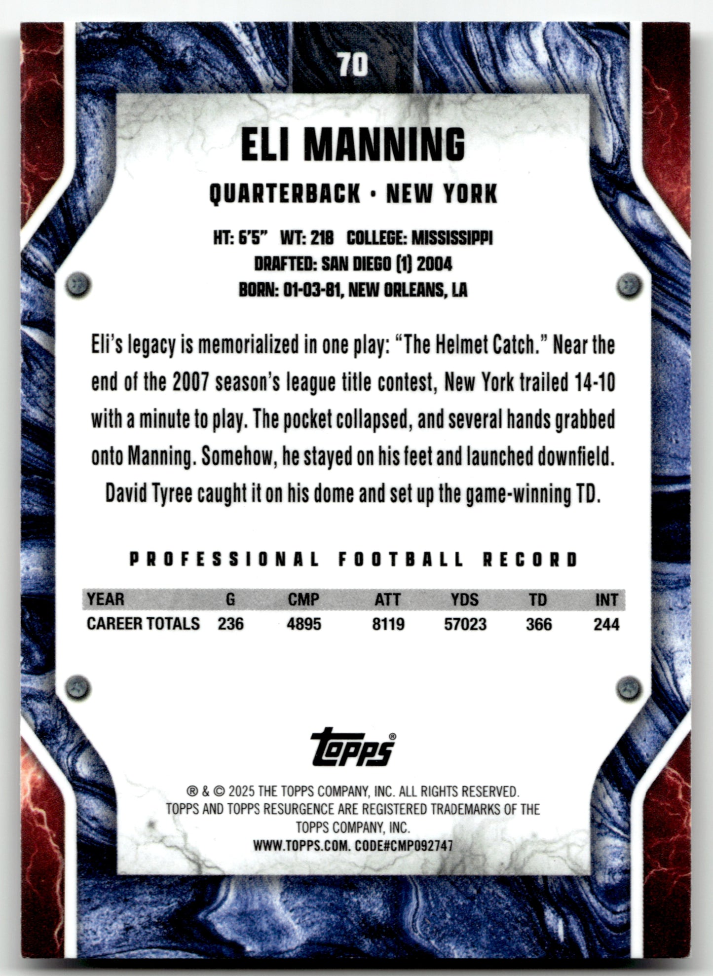 Eli Manning - #70 - 2024 Topps Resurgence - Topps