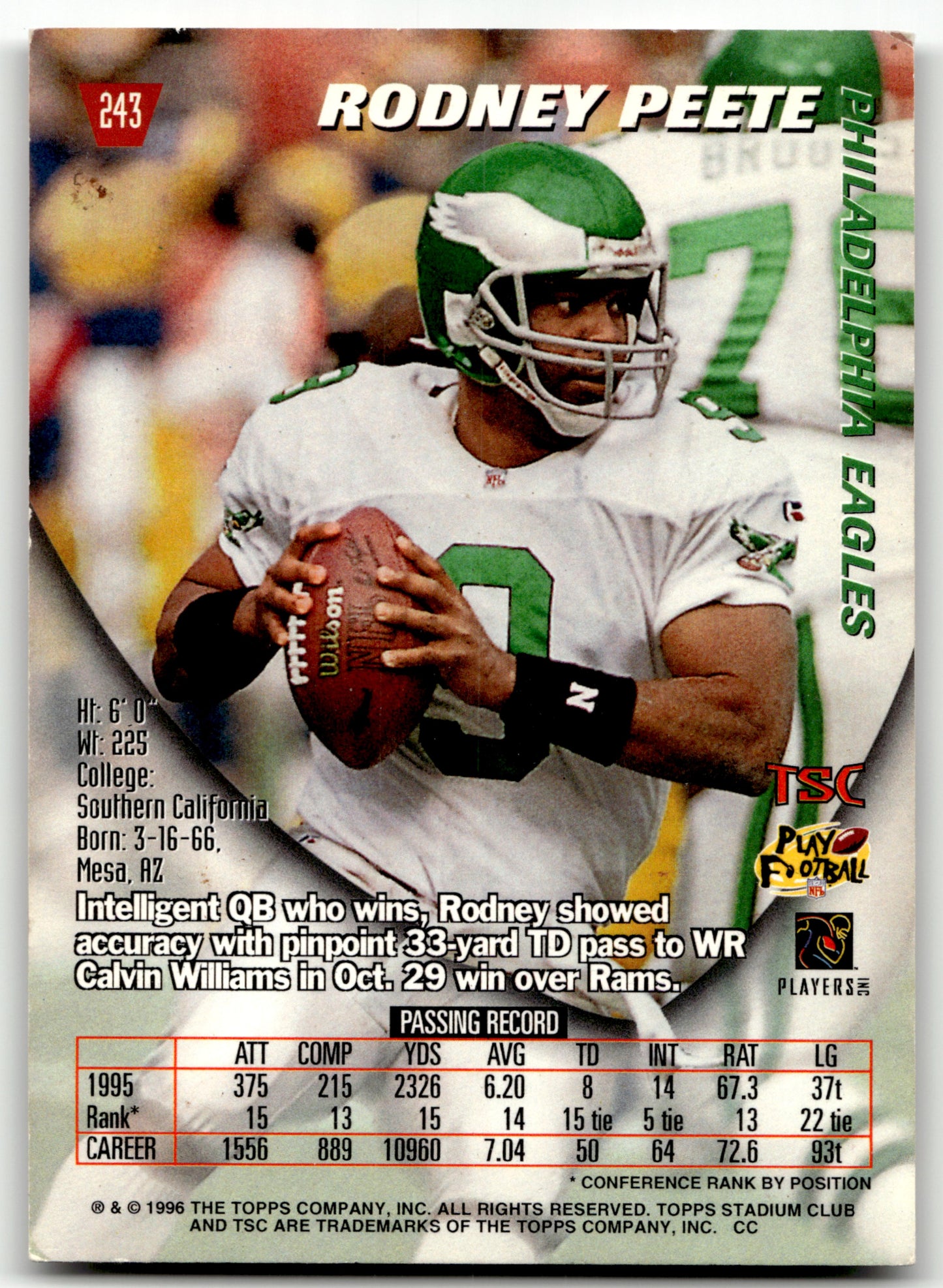 Rodney Peete - #243 - 1996 Stadium Club -