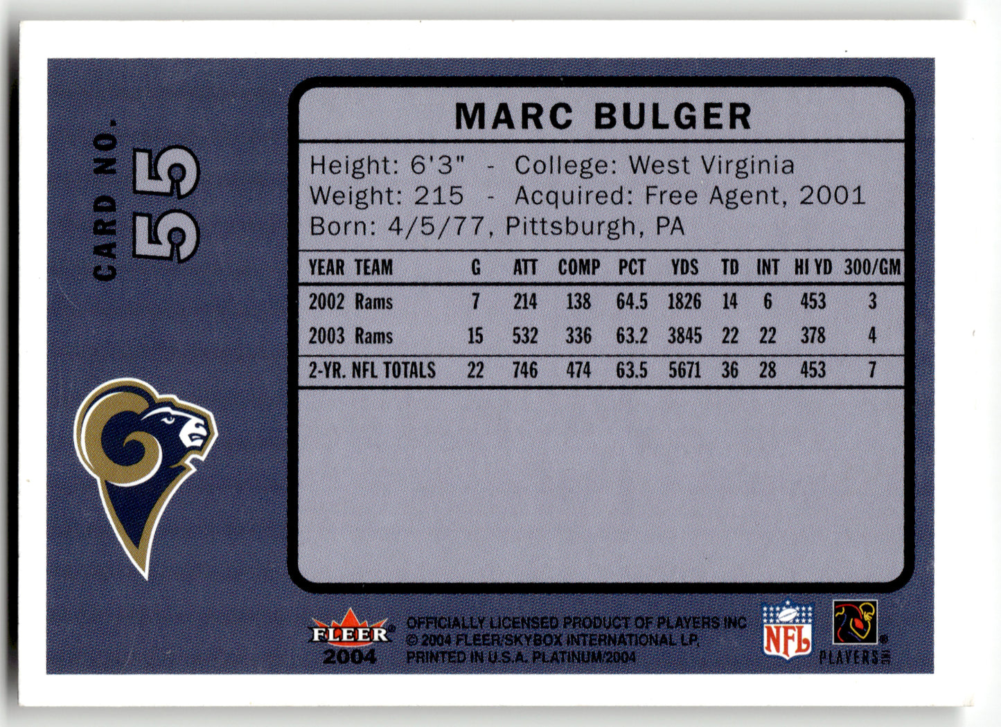 Marc Bulger - #55 - 2004 Fleer Platinum - Fleer
