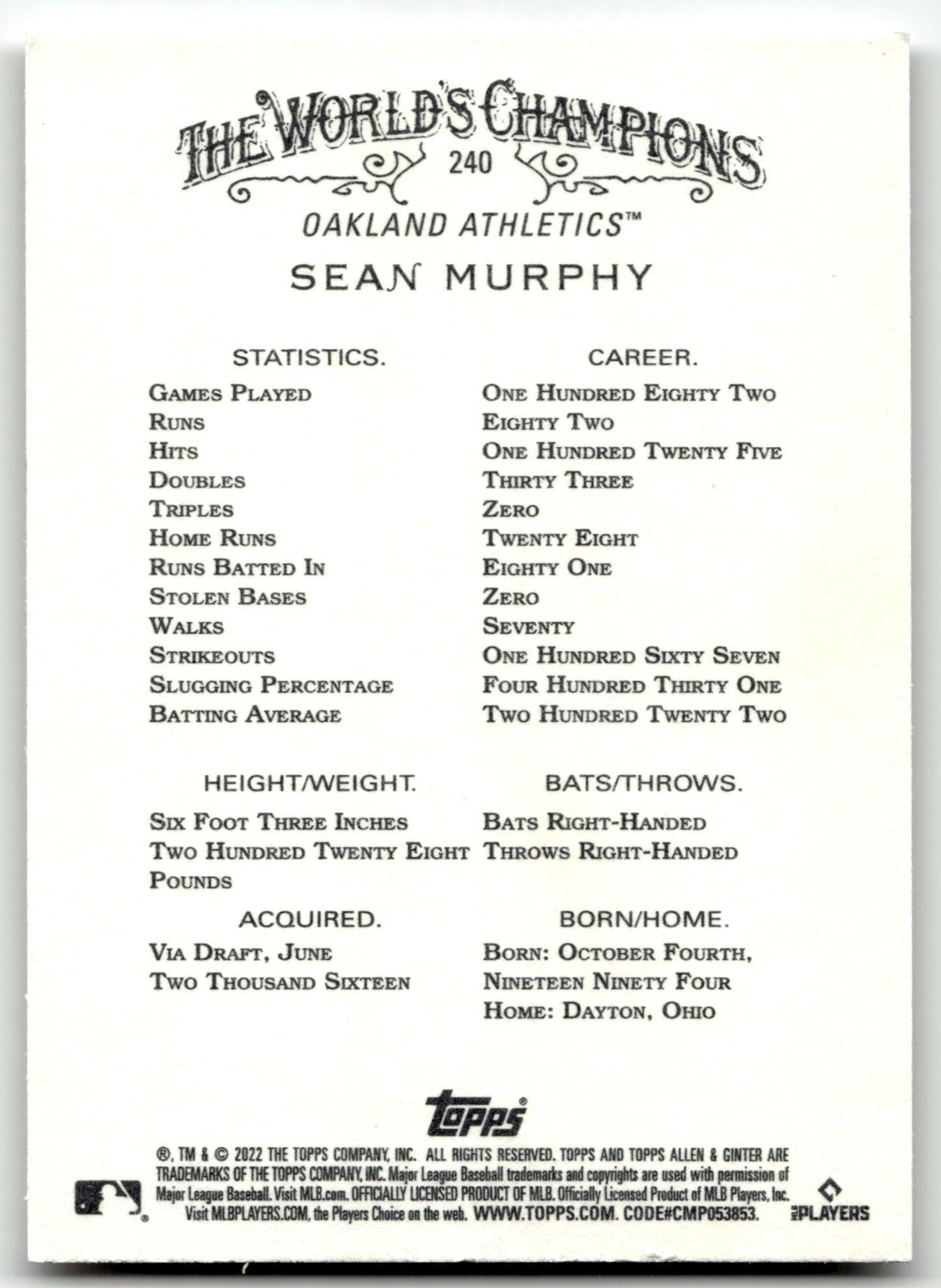 Sean Murphy - #240 - 2022 Topps Allen & Ginter - Topps