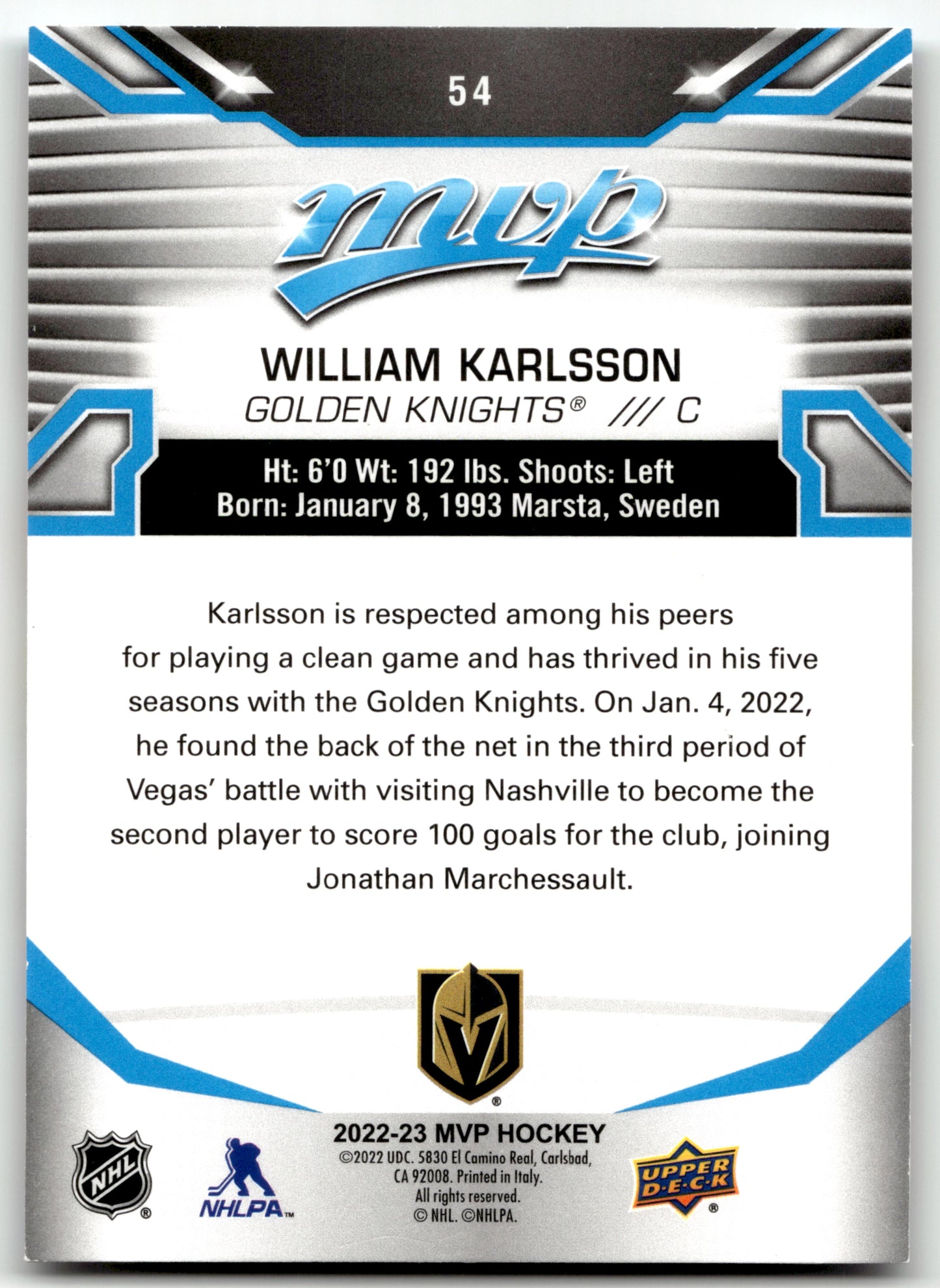 William Karlsson - #54 - 2022-23 Upper Deck MVP - Upper Deck