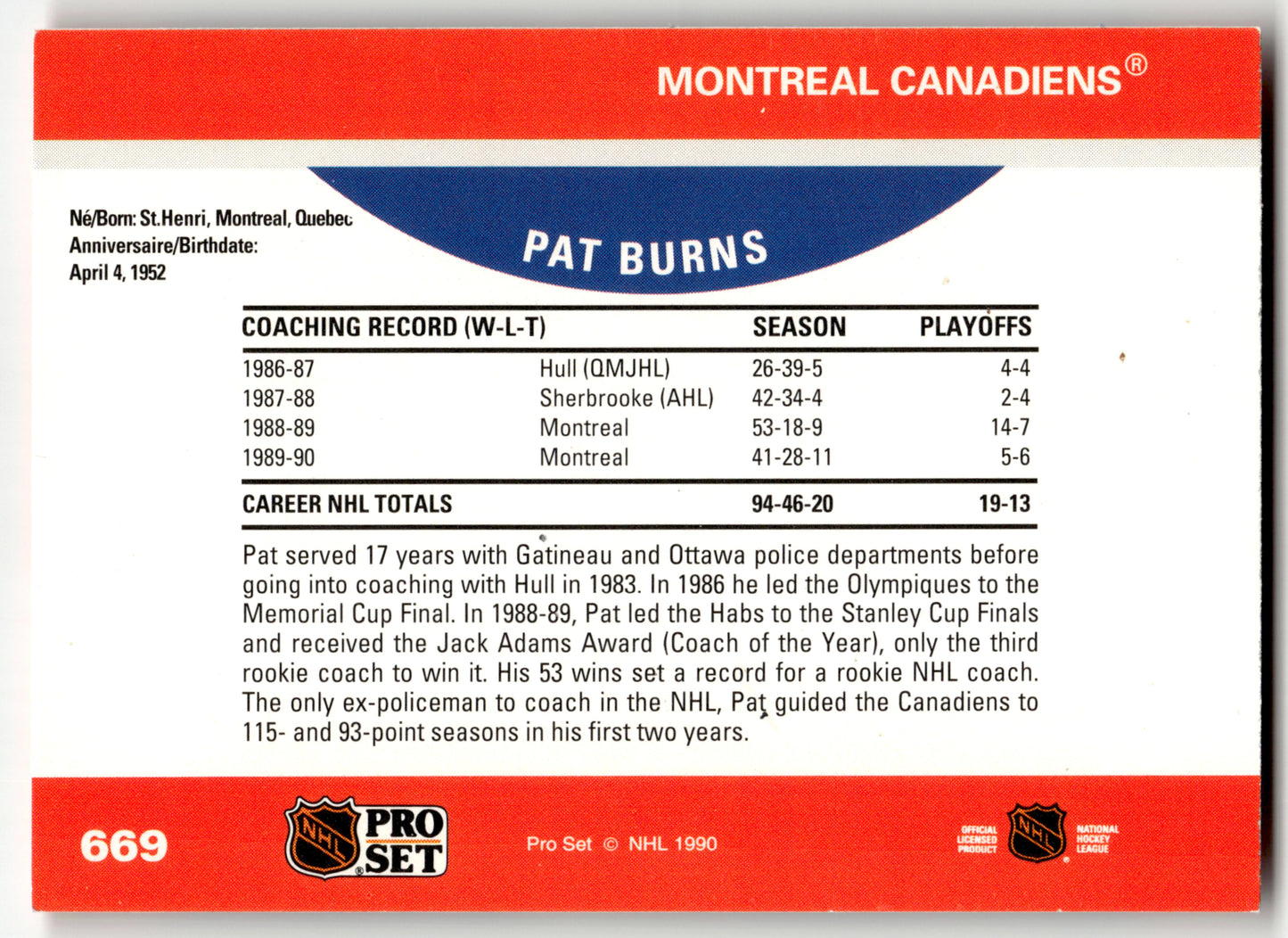 Pat Burns - #669 - 1990-91 Pro Set -