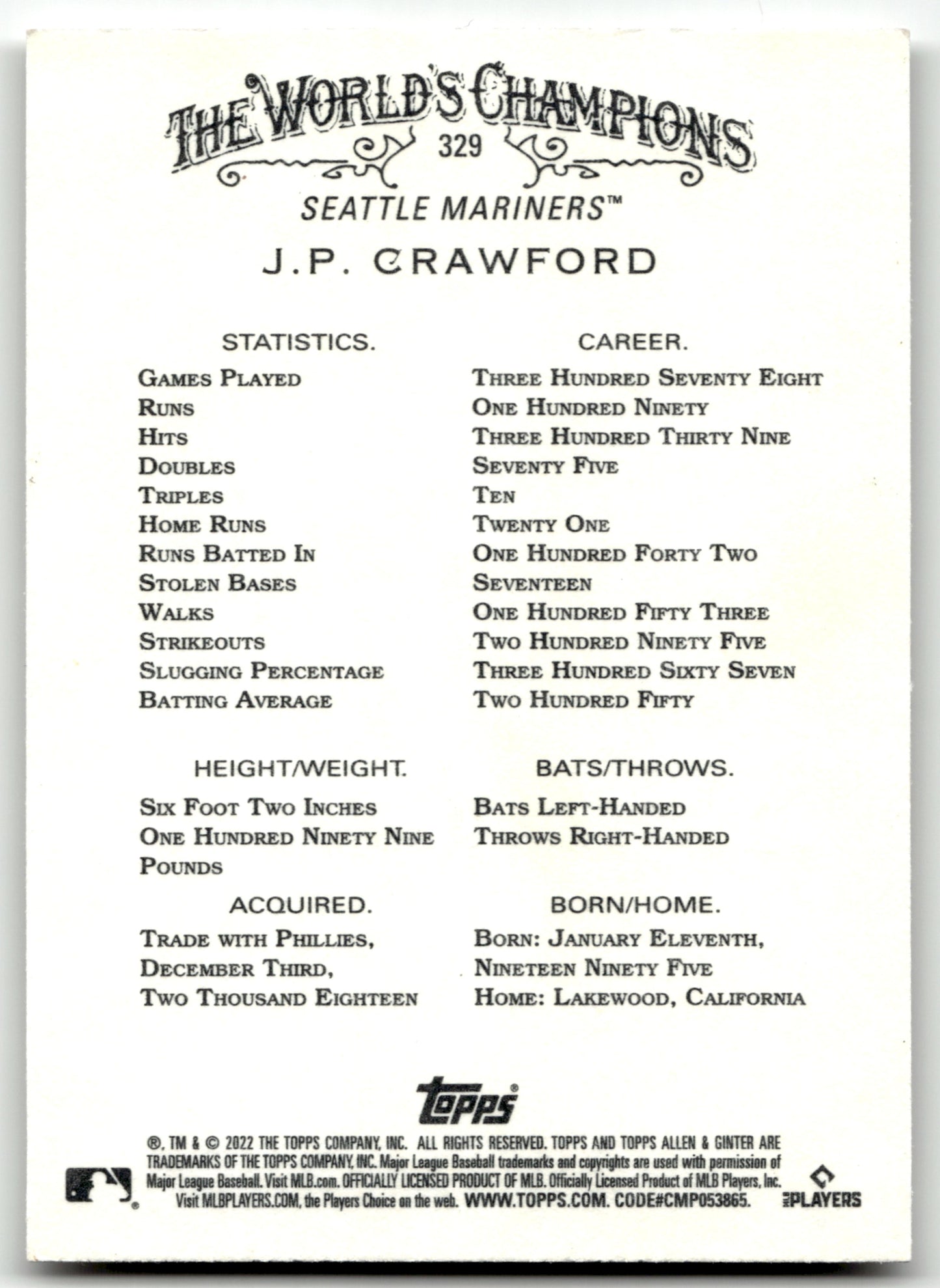 J.P. Crawford - #329 - 2022 Topps Allen & Ginter - Topps