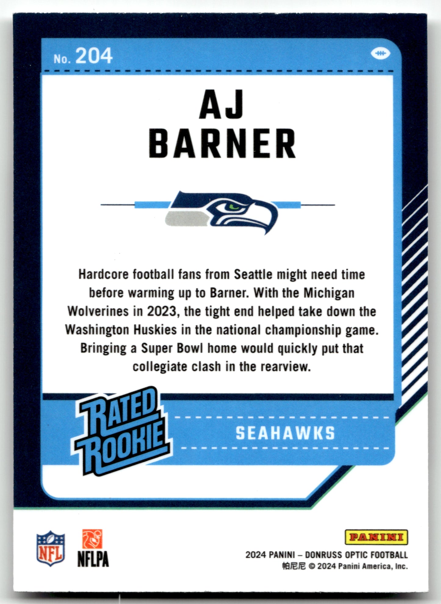 AJ Barner - #204 - 2024 Donruss Optic - Optic