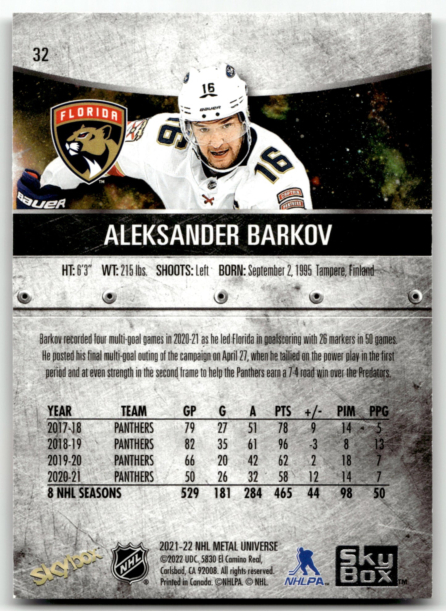 Aleksander Barkov - #32 - 2021-22 SkyBox Metal Universe -