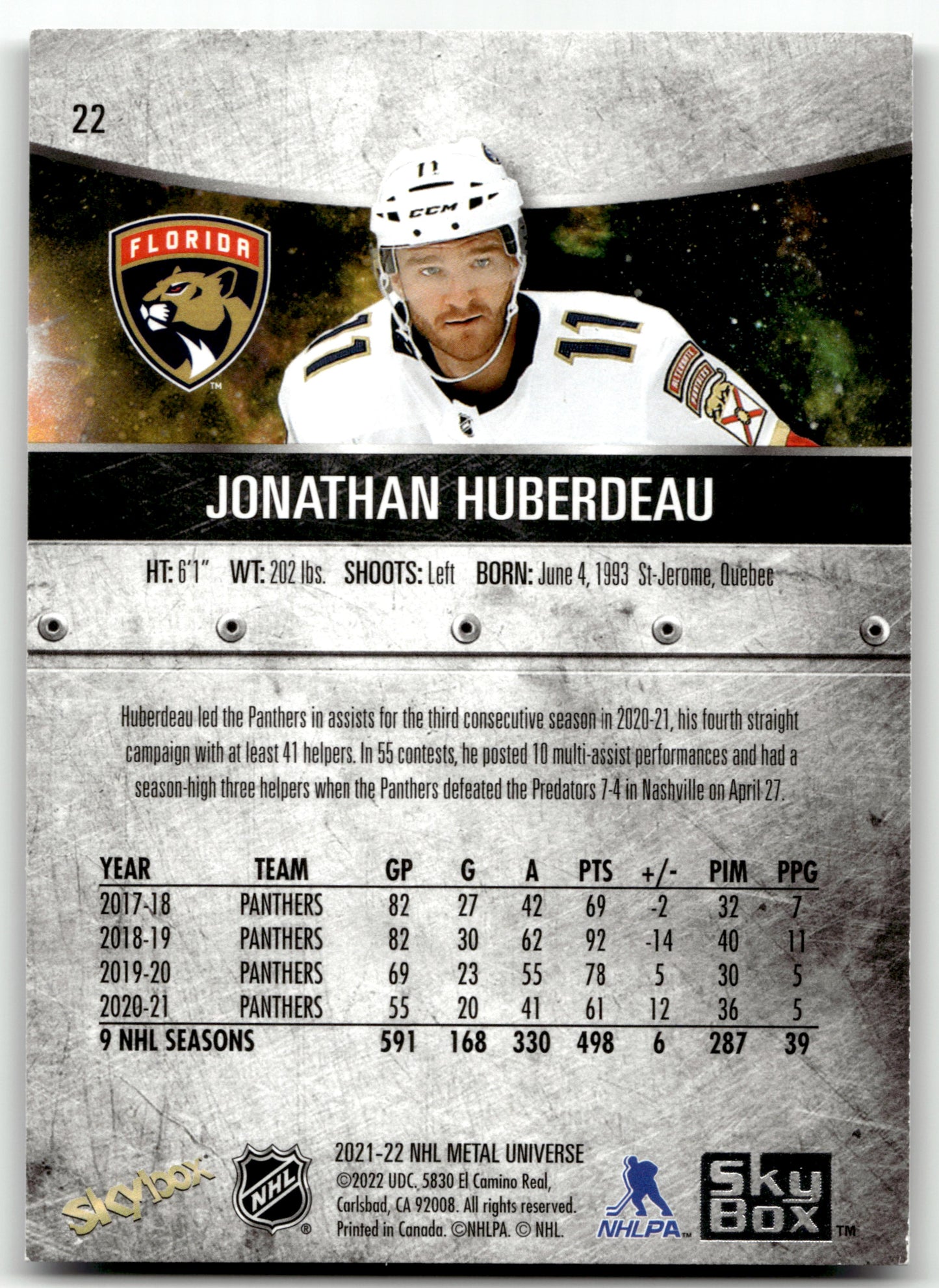 Jonathan Huberdeau - #22 - 2021-22 SkyBox Metal Universe -