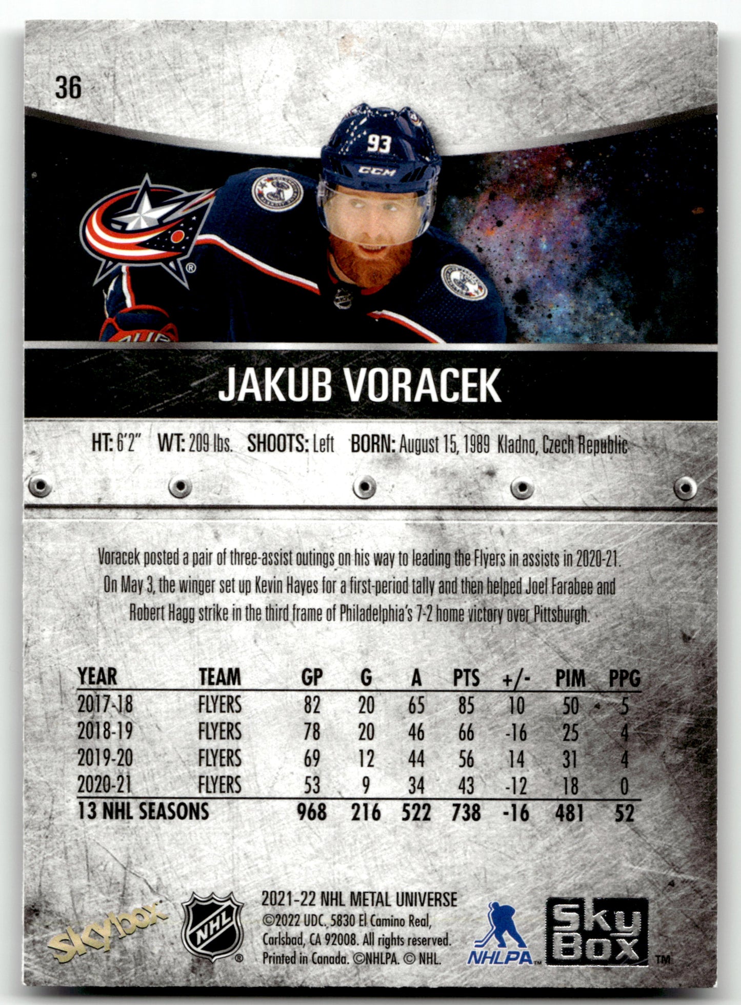 Jakub Voracek - #36 - 2021-22 SkyBox Metal Universe -