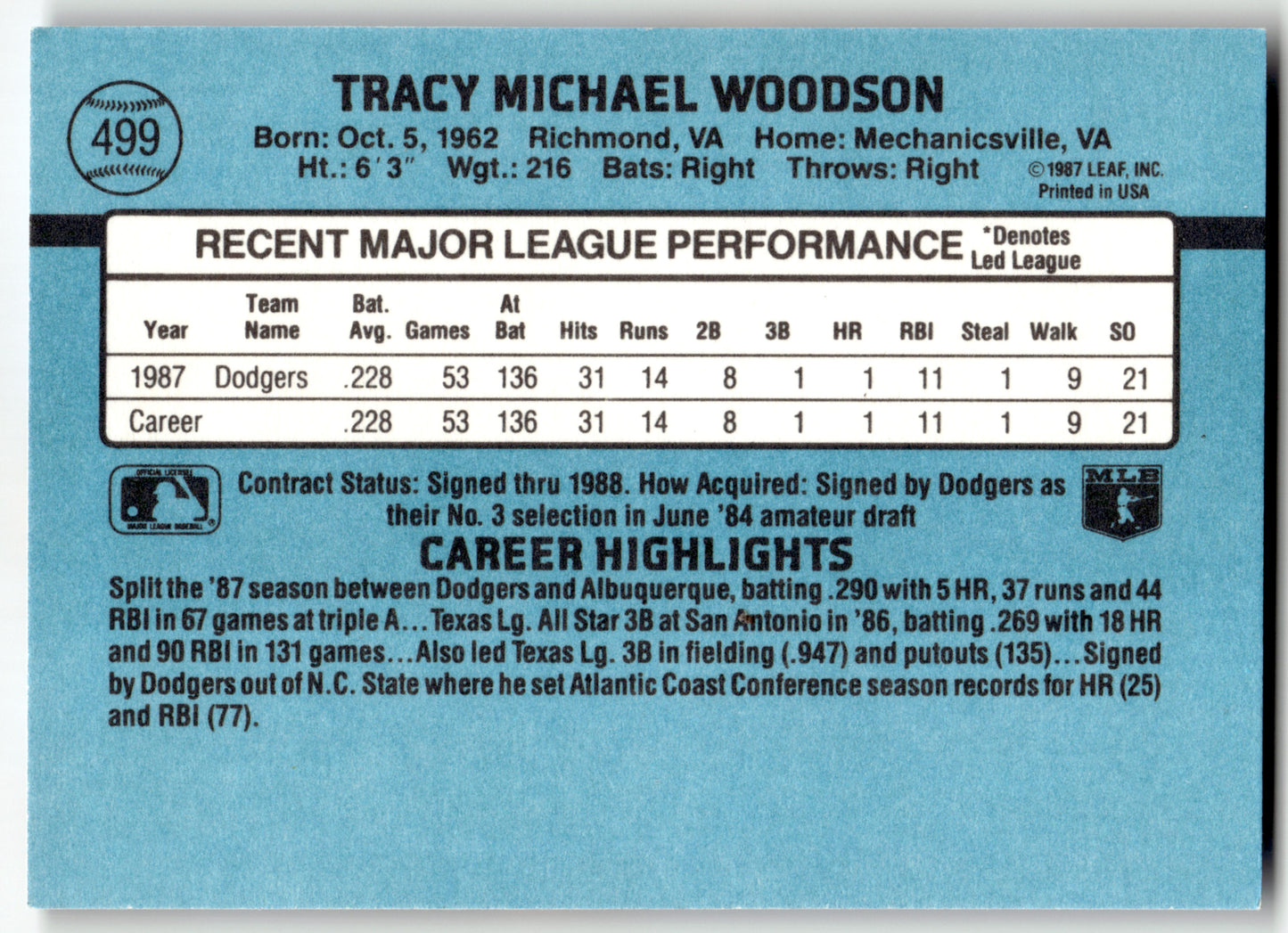 Tracy Woodson - #499 - 1988 Donruss - Donruss