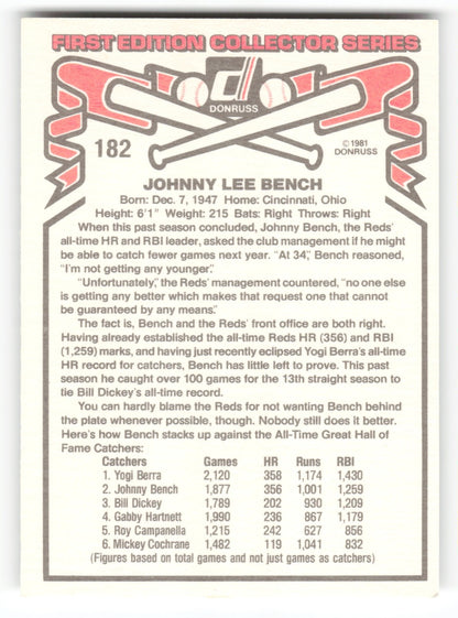 1981 Donruss Johnny Bench Cincinnati Reds #182