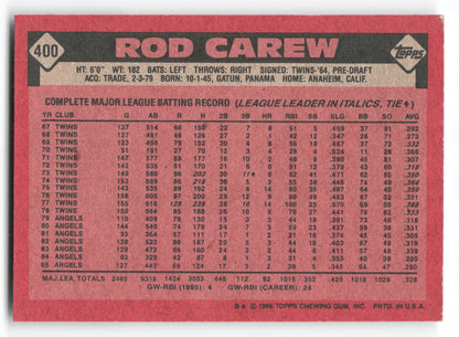 1986 Topps Rod Carew California Angels #400