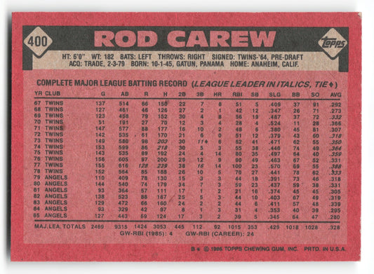 1986 Topps Rod Carew California Angels #400