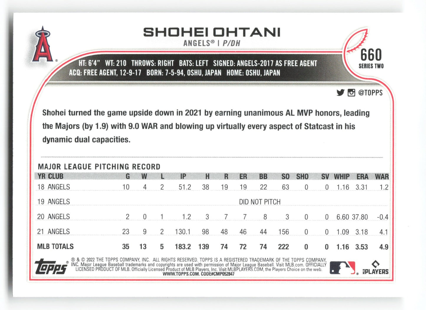 2022 Topps Shohei Ohtani Los Angeles Angels #660