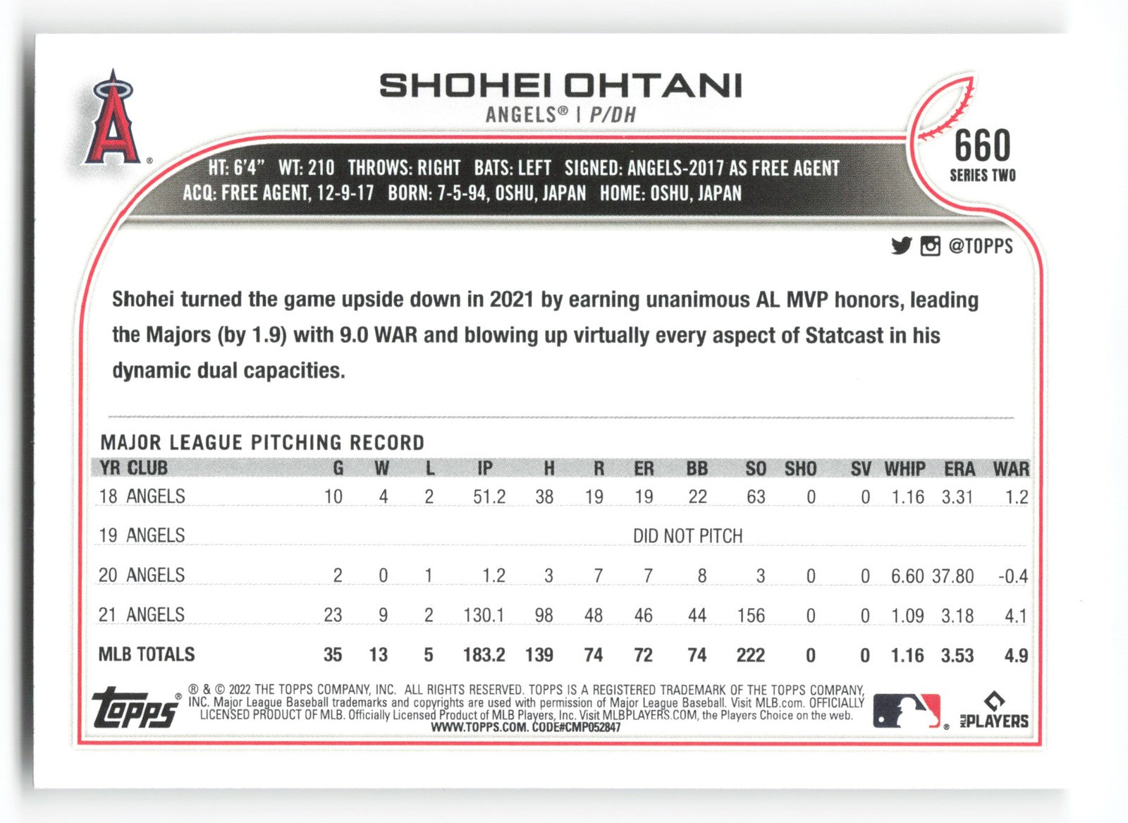 2022 Topps Shohei Ohtani Los Angeles Angels #660