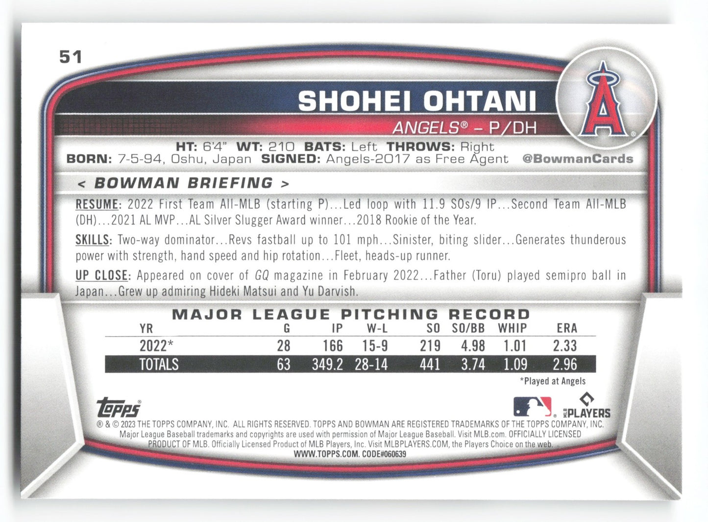2023 Bowman Shohei Ohtani Los Angeles Angels #51