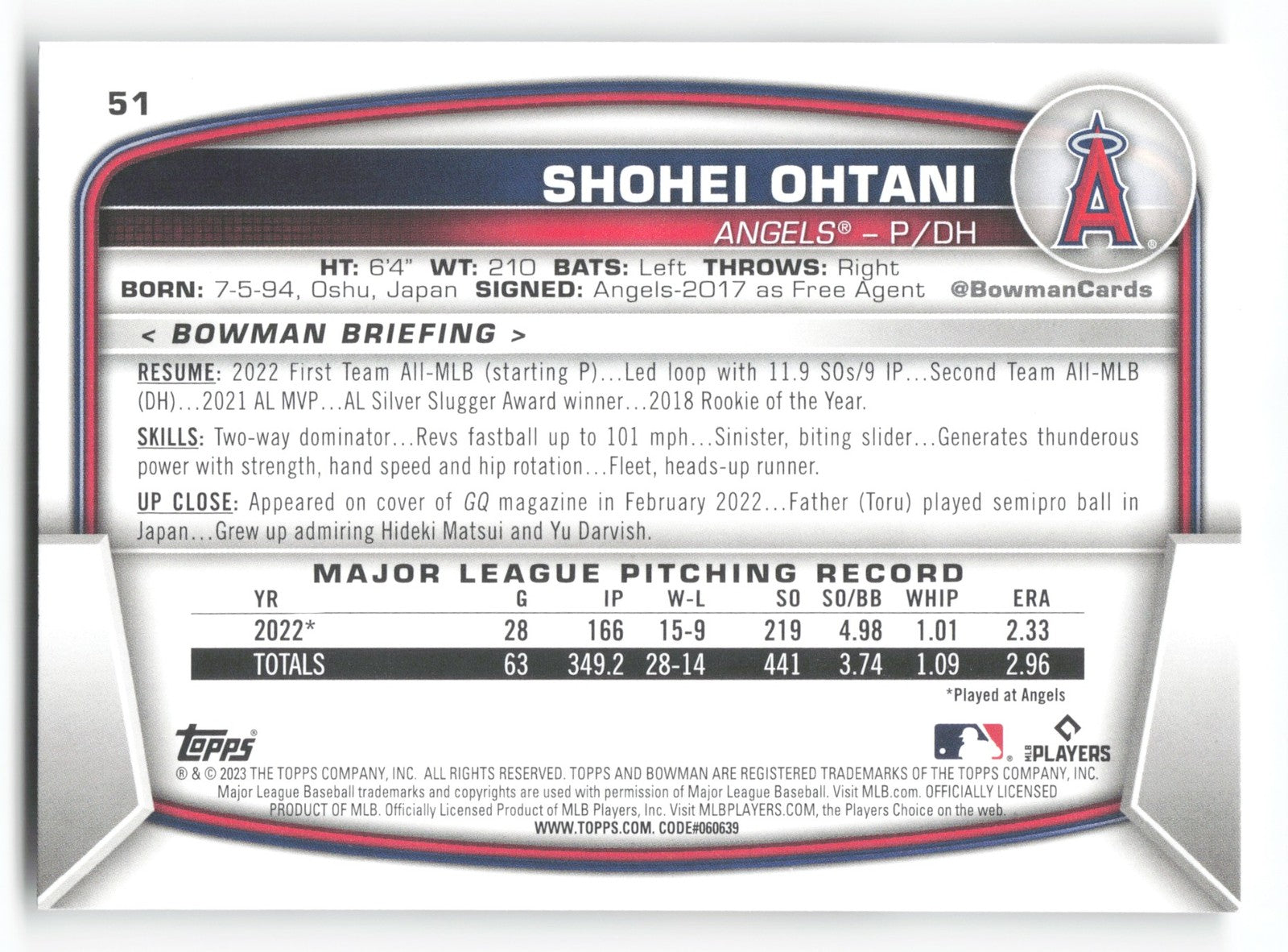 2023 Bowman Shohei Ohtani Los Angeles Angels #51