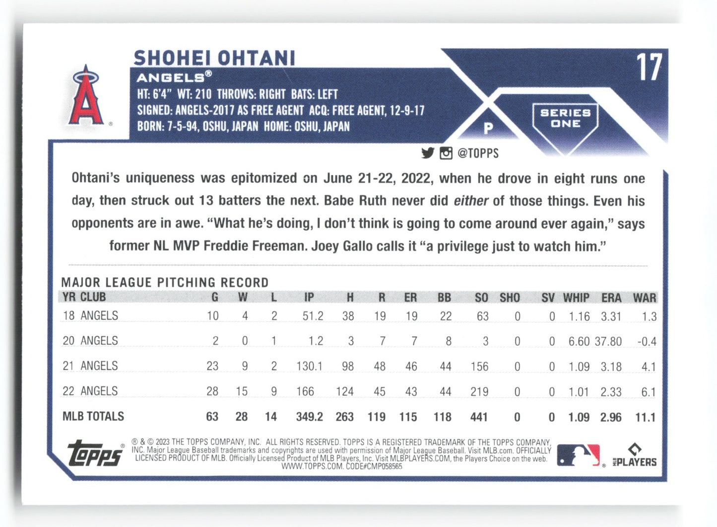 2023 Topps Shohei Ohtani Los Angeles Angels #17