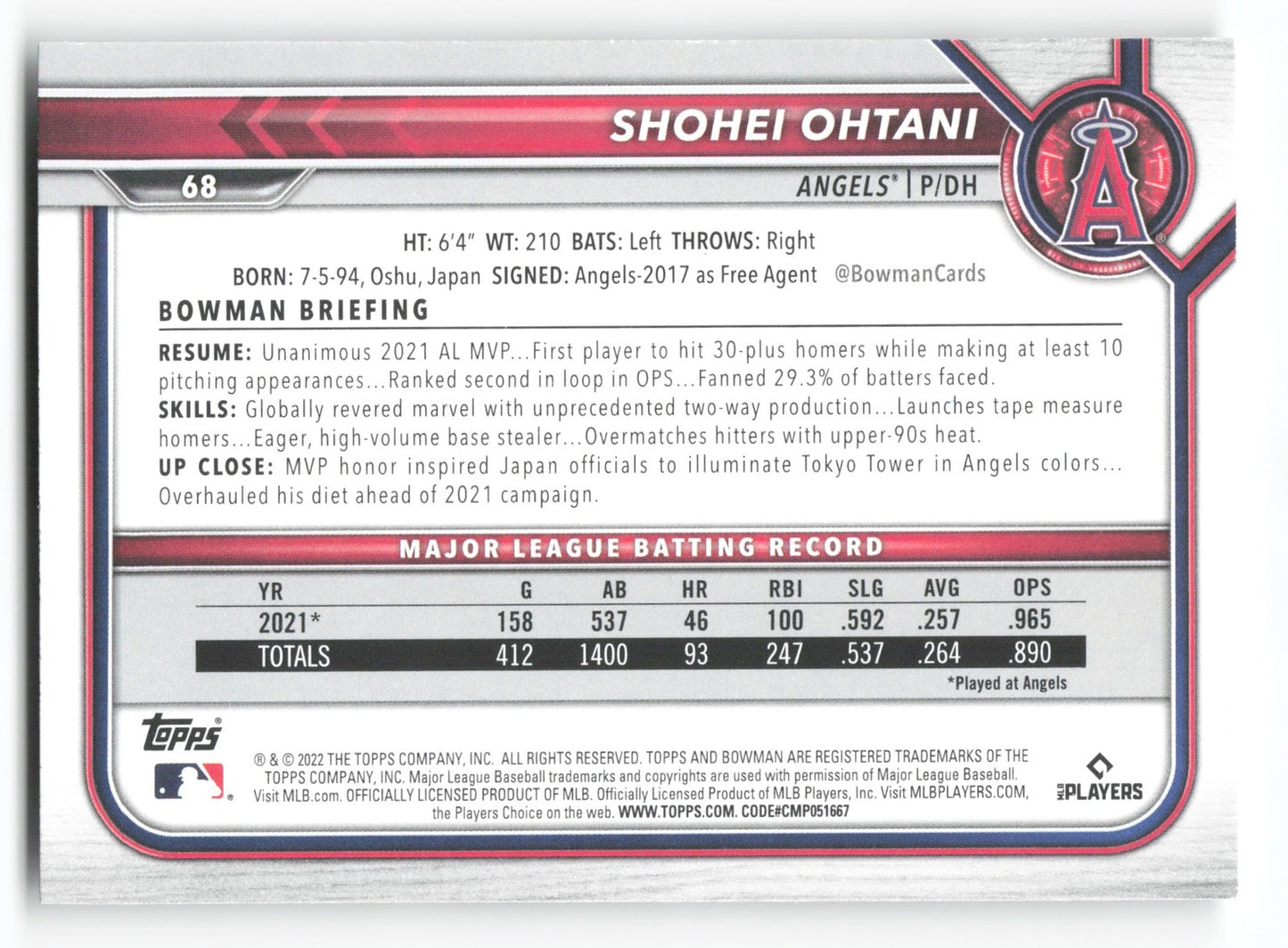 2022 Bowman Shohei Ohtani Los Angeles Angels #68
