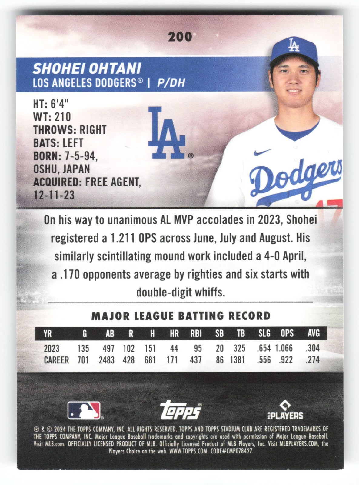 2024 Stadium Club Shohei Ohtani Los Angeles Dodgers #200