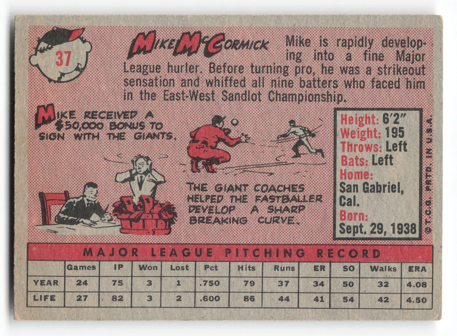 1958 Topps Mike McCormick Rookie San Francisco Giants #37