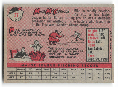 1958 Topps Mike McCormick Rookie San Francisco Giants #37