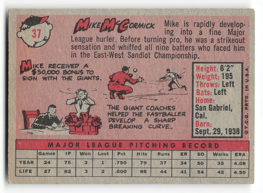 1958 Topps Mike McCormick Rookie San Francisco Giants #37