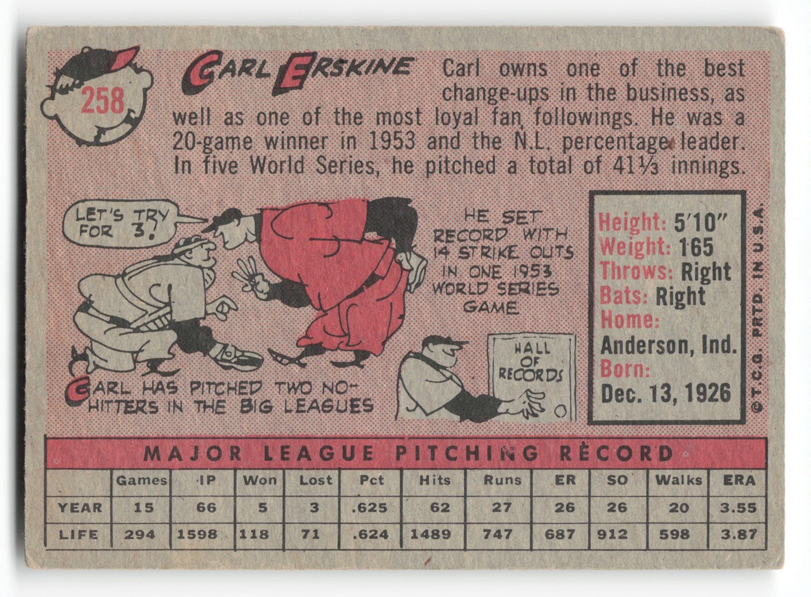 1958 Topps Carl Erskine Los Angeles Dodgers #258
