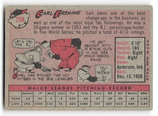 1958 Topps Carl Erskine Los Angeles Dodgers #258