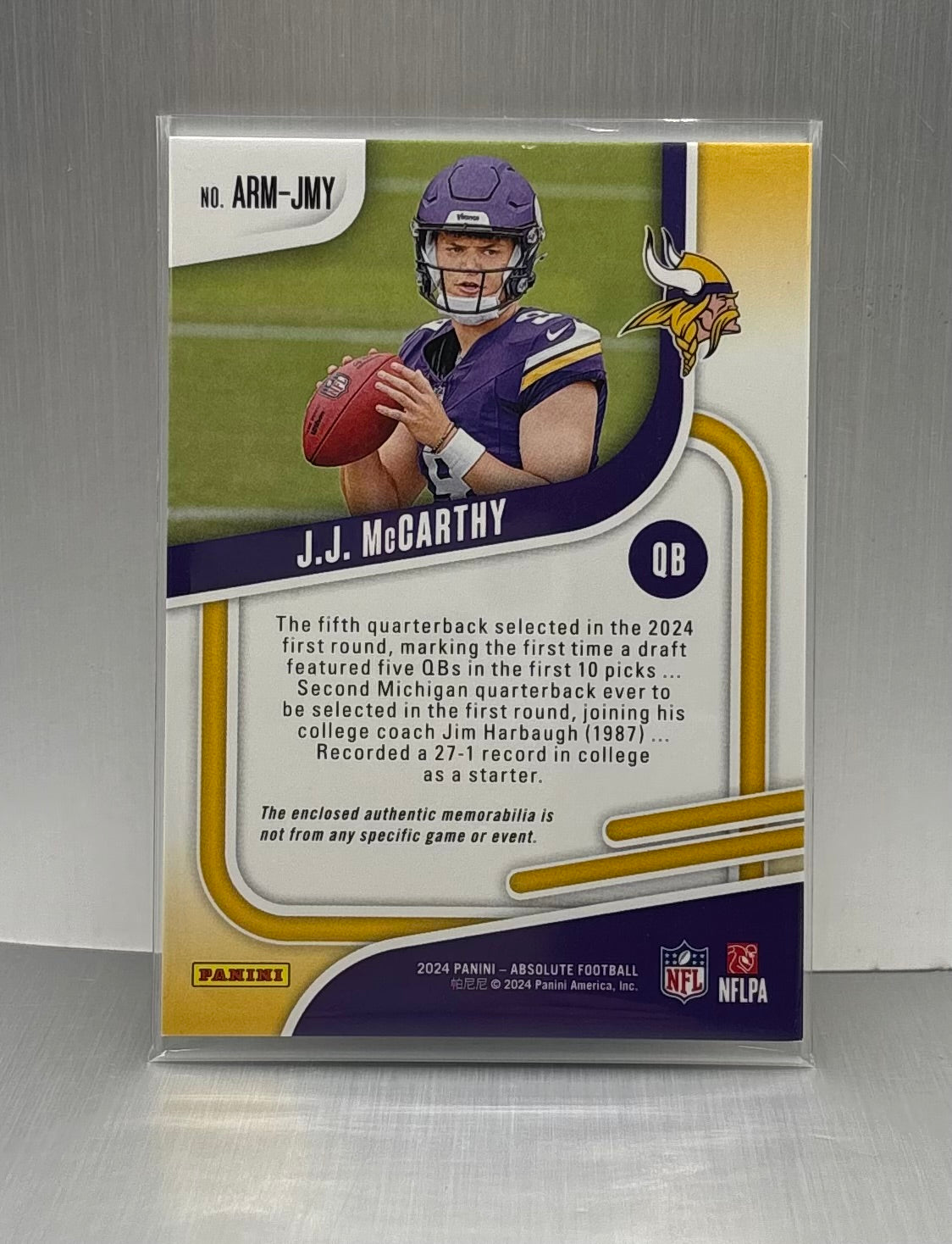 2024 Panini Absolute Rookie Materials # ARM-JMY J.J. McCarthy Rookie Card