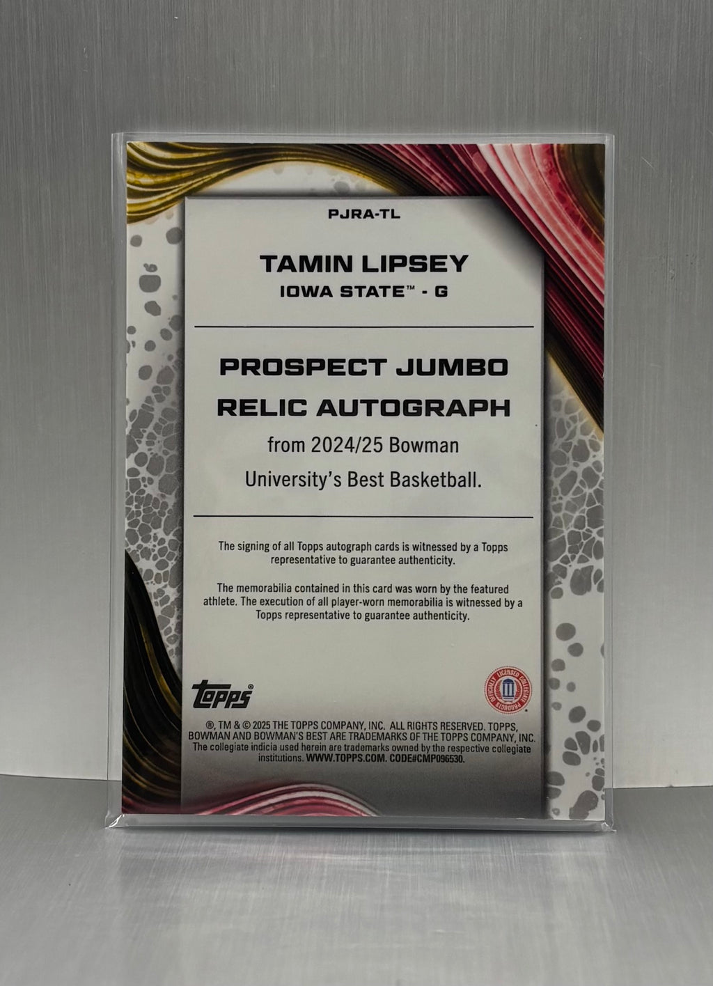 2024-25 Bowman Best University Tamin Lipsey Prospect Jumbo Relic Patch Auto Game Worn