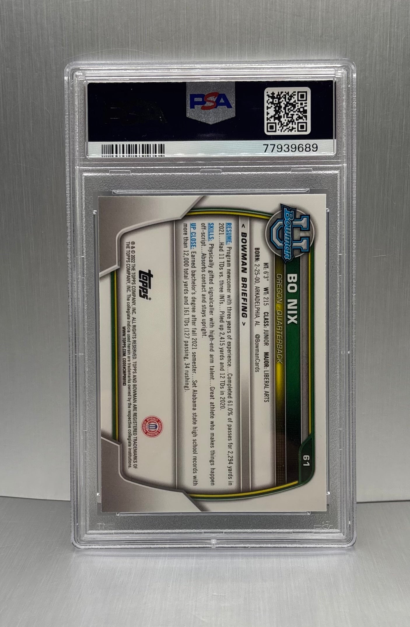 2022 Topps Bowman University #61 Bo Nix Chrome Prospect Purple Shimmer PSA 10 POP 4!